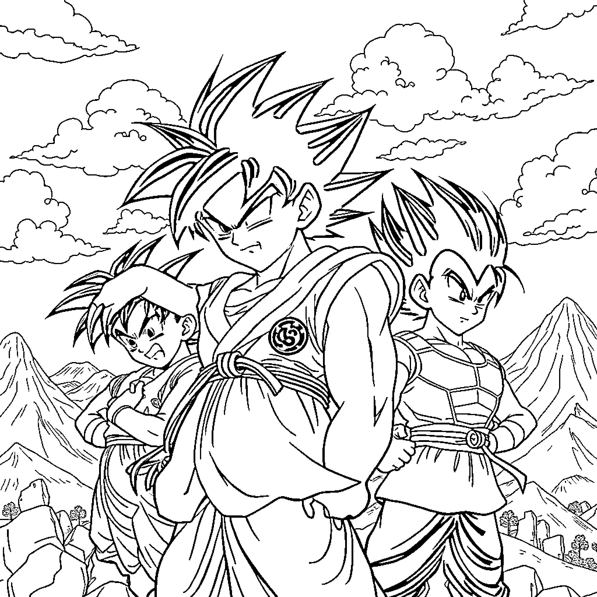 Dragon Ball Characters Battling in Cloudy Landscape Coloring Page (free black-and-white line drawing printable PDF for all, from beginners to advanced learners, including children, teens, adults, and seniors)