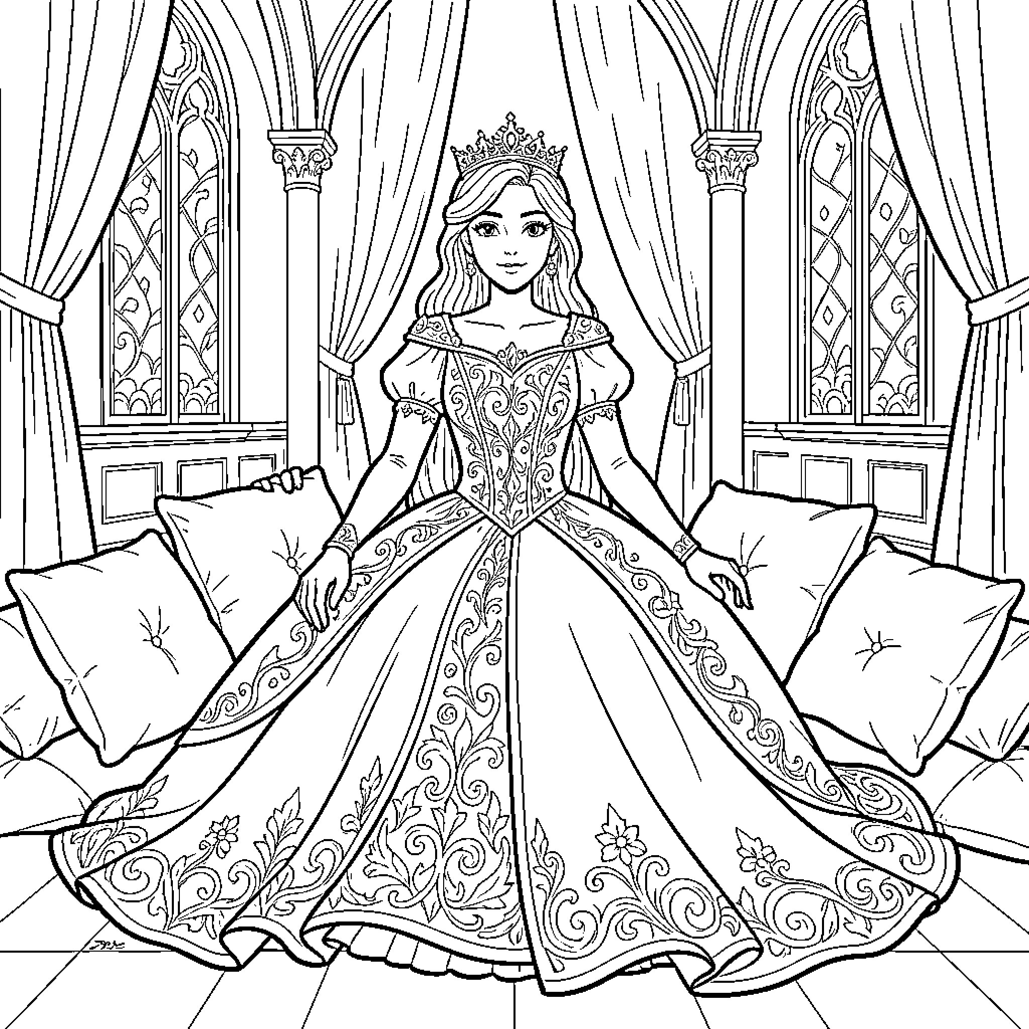 Princess sitting elegantly in a grand palace room Coloring Page (free black-and-white line drawing printable PDF for all, from beginners to advanced learners, including children, teens, adults, and seniors)