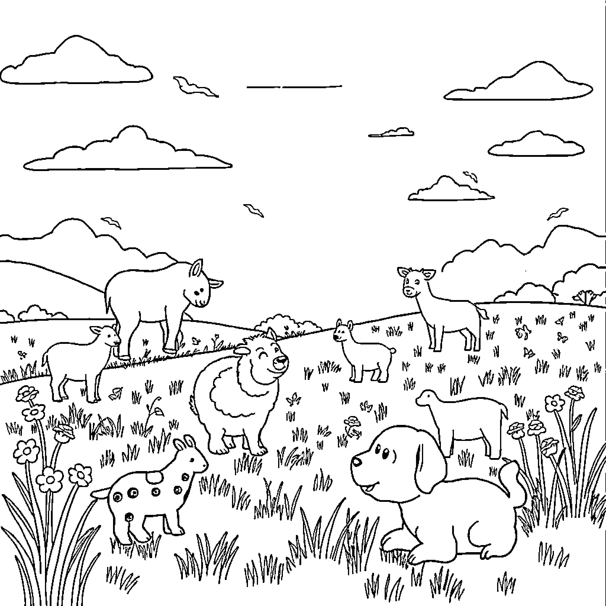 Animal friends in the peaceful countryside Coloring Page (free black-and-white line drawing printable PDF for all, from beginners to advanced learners, including children, teens, adults, and seniors)