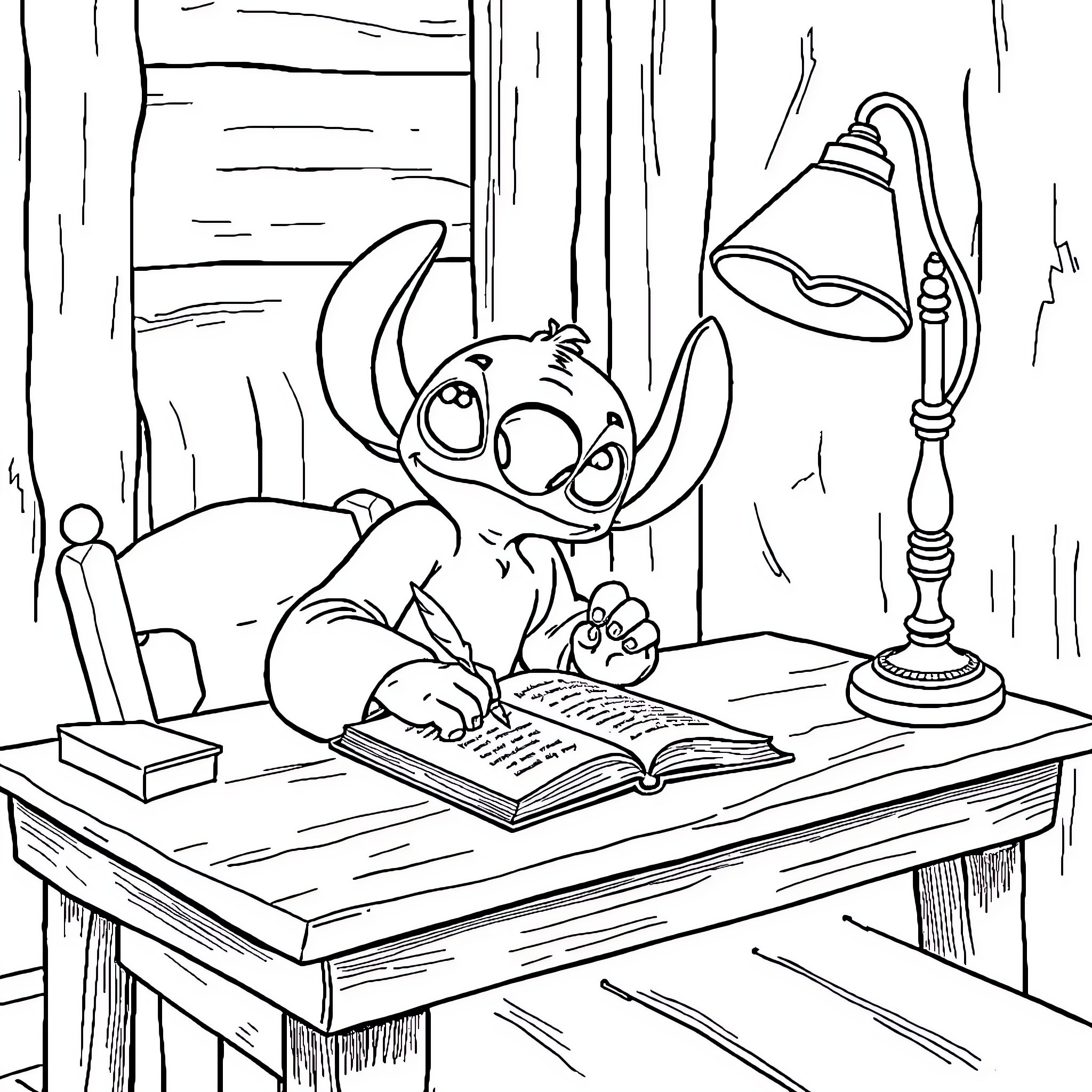 Stitch studying diligently at a desk Coloring Page (free black-and-white line drawing printable PDF for all, from beginners to advanced learners, including children, teens, adults, and seniors)
