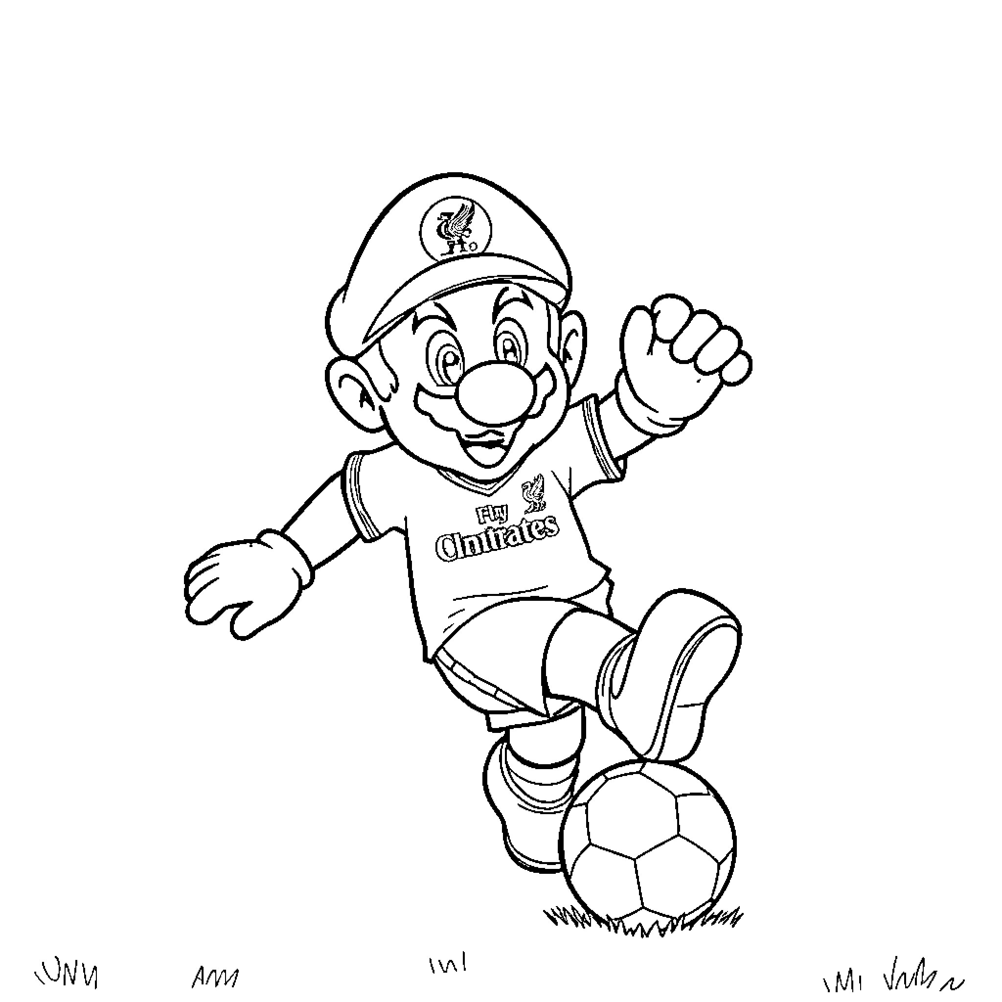 Mario playing soccer joyfully in uniform Coloring Page (free black-and-white line drawing printable PDF for all, from beginners to advanced learners, including children, teens, adults, and seniors)