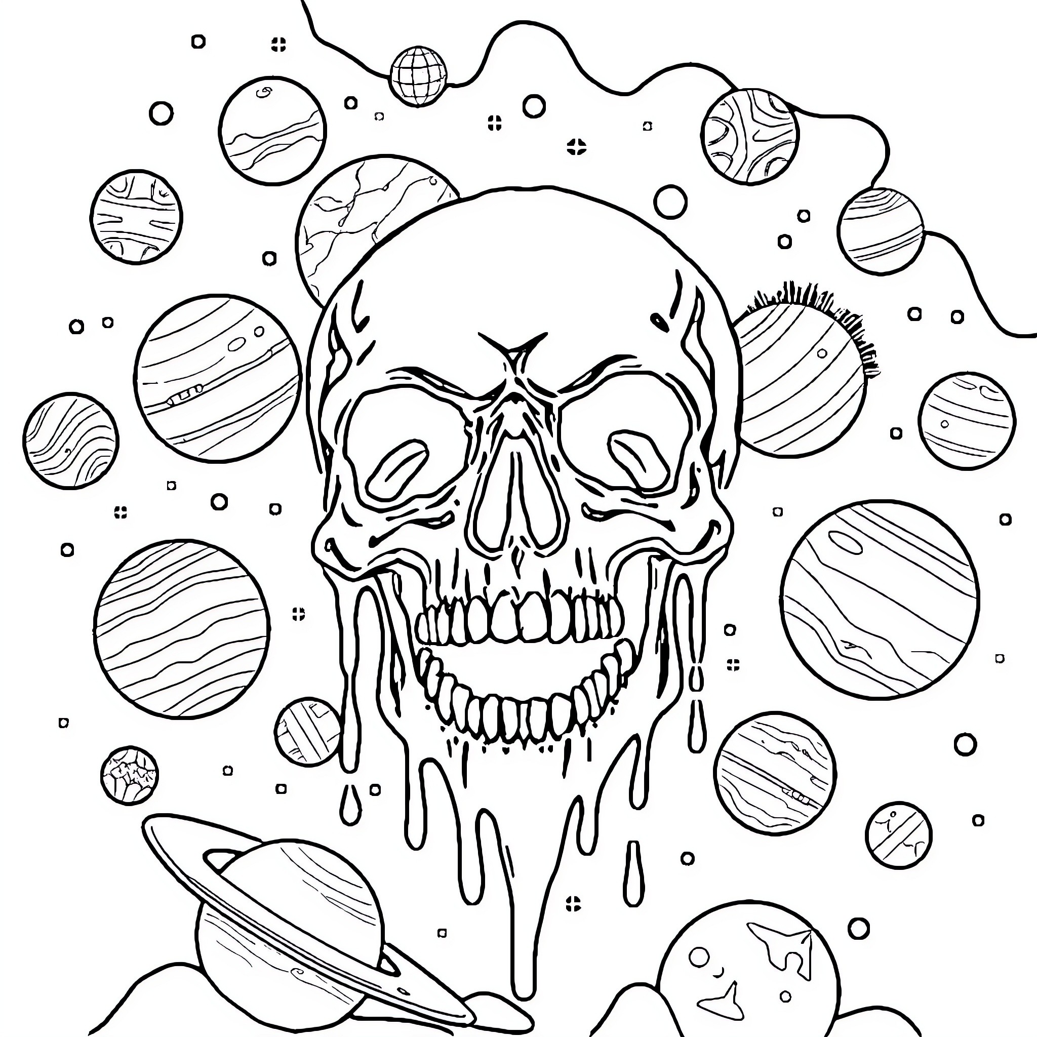 Skull in psychedelic cosmic landscape Coloring Page (free black-and-white line drawing printable PDF for all, from beginners to advanced learners, including children, teens, adults, and seniors)
