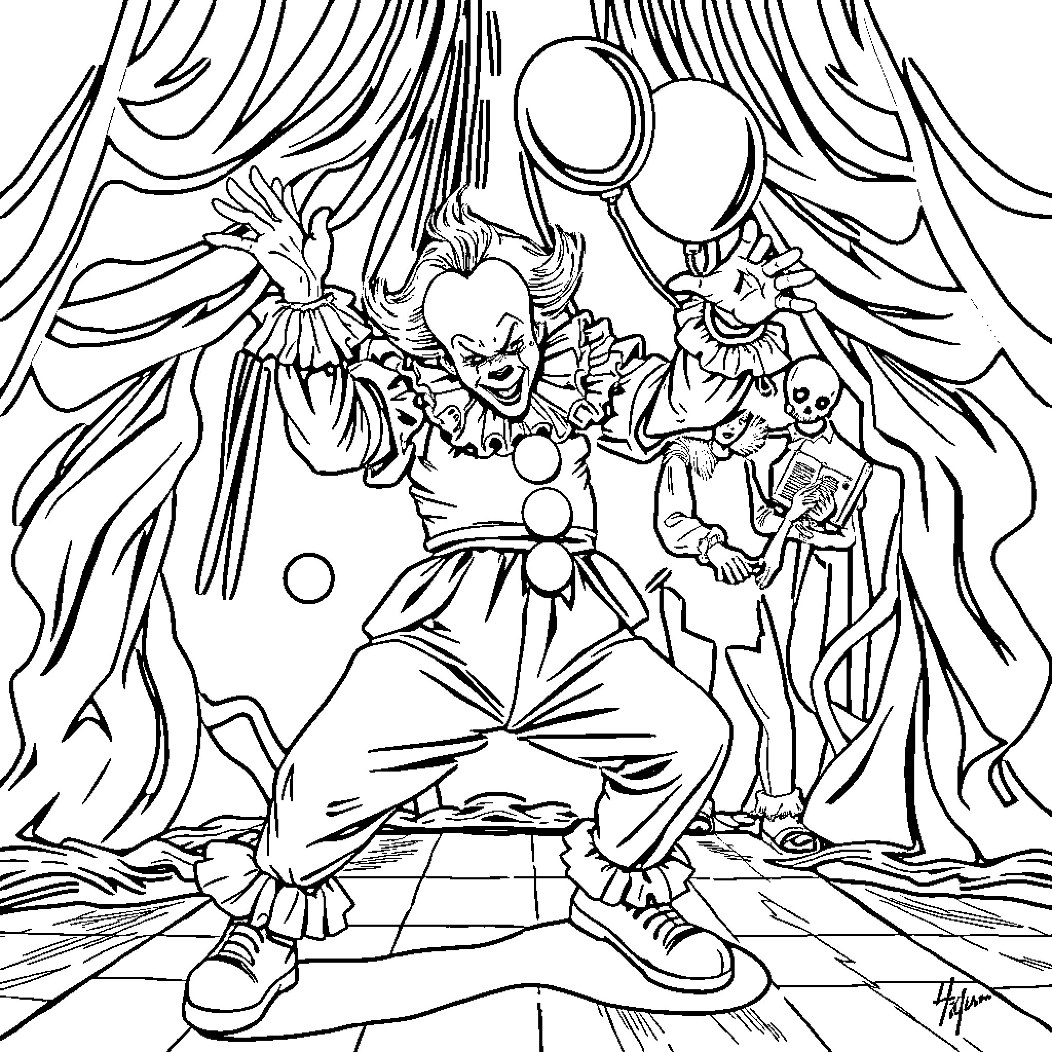 Pennywise the Clown in Circus Performance Coloring Page (free black-and-white line drawing printable PDF for all, from beginners to advanced learners, including children, teens, adults, and seniors)