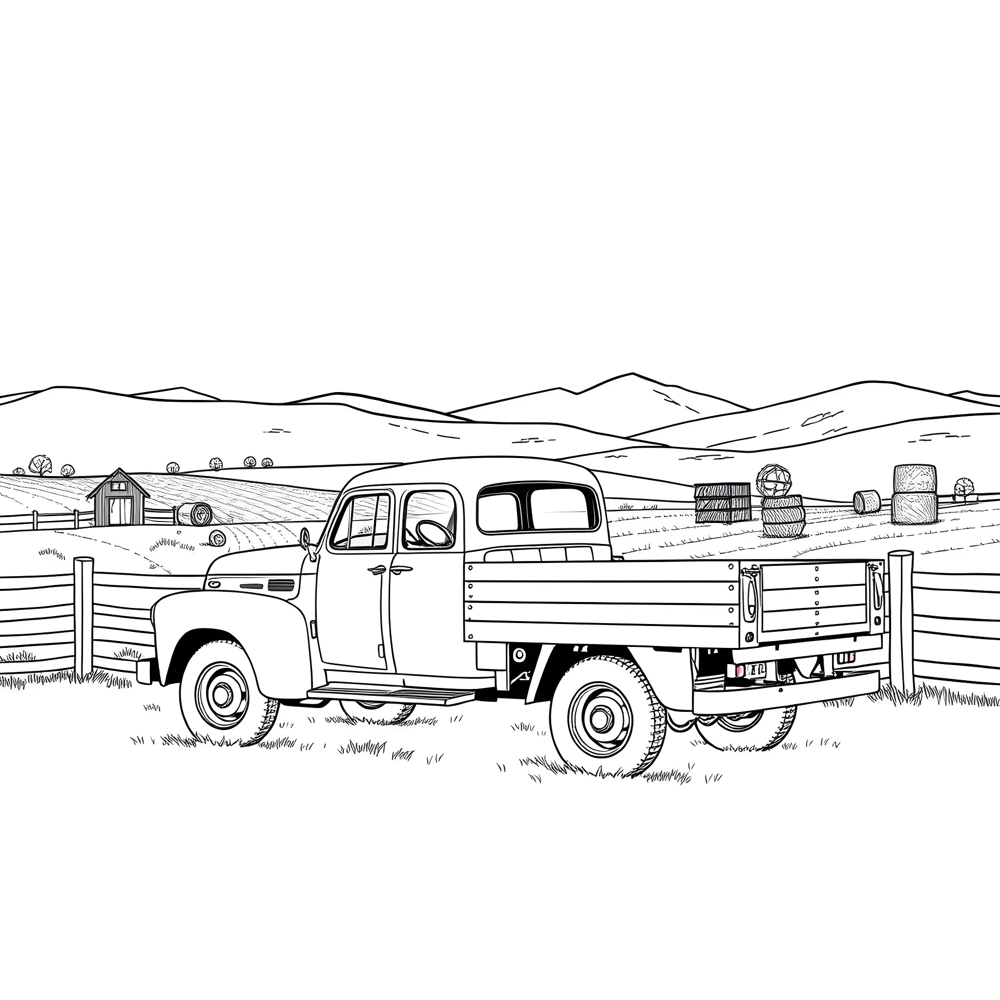 Flatbed vintage truck in rural countryside landscape Coloring Page (free black-and-white line drawing printable PDF for all, from beginners to advanced learners, including children, teens, adults, and seniors)