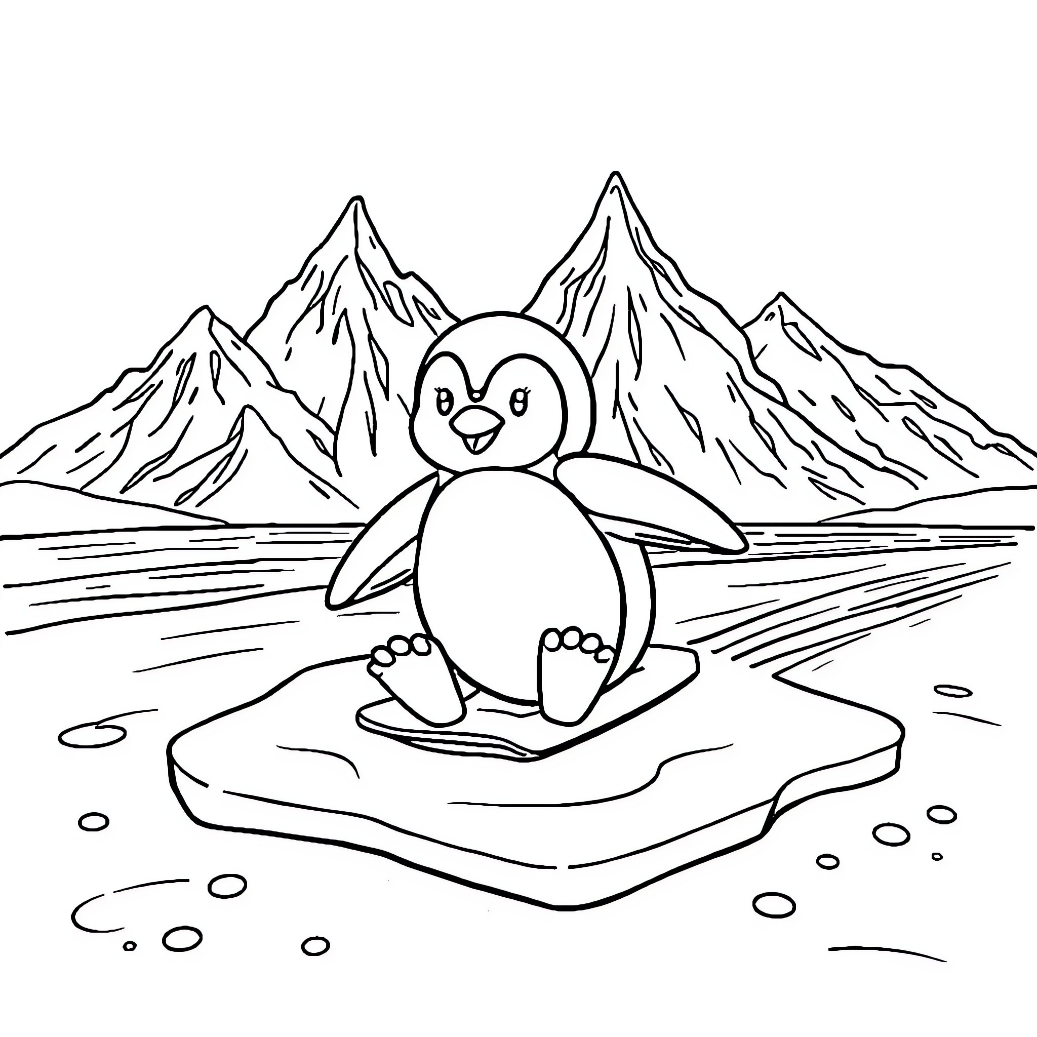 Penguin enjoying the snowy landscape Coloring Page (free black-and-white line drawing printable PDF for all, from beginners to advanced learners, including children, teens, adults, and seniors)