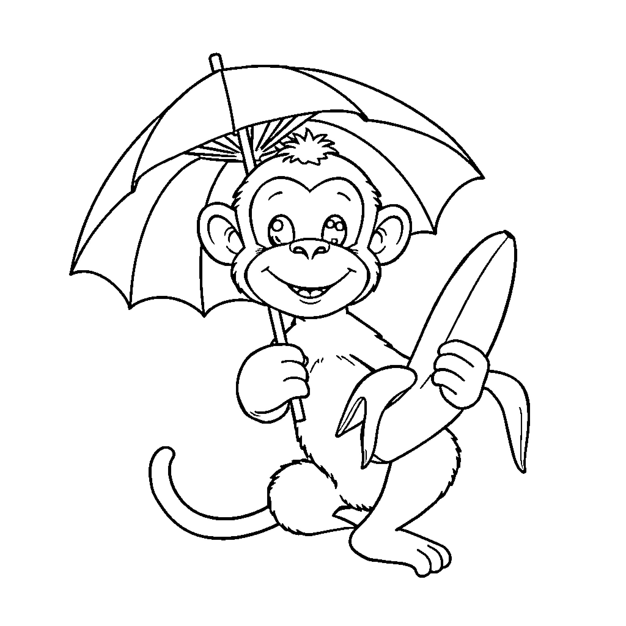 Monkey with Umbrella Holding a Banana Coloring Page (free black-and-white line drawing printable PDF for all, from beginners to advanced learners, including children, teens, adults, and seniors)