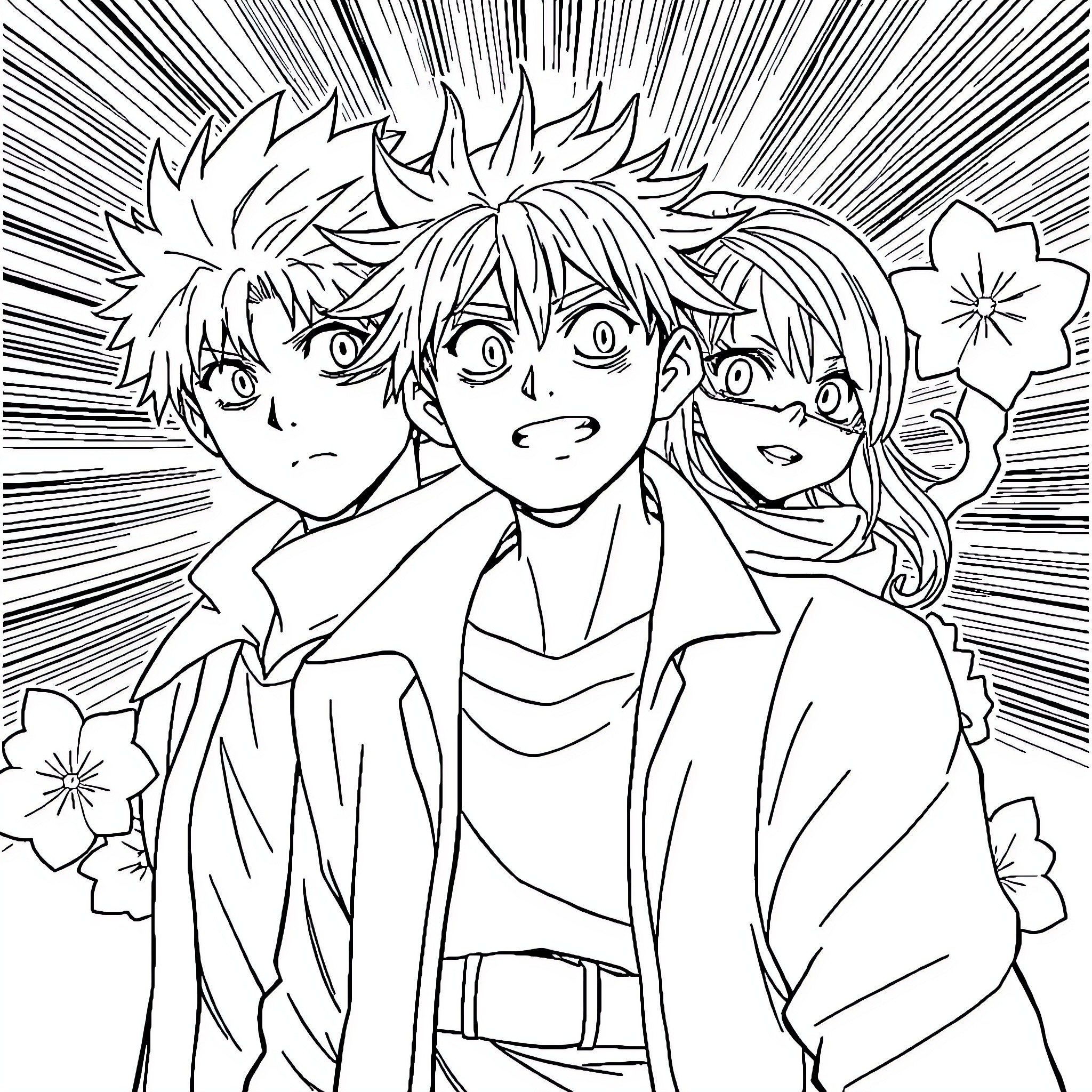 Manga Trio of Expressive Anime Characters Coloring Page (free black-and-white line drawing printable PDF for all, from beginners to advanced learners, including children, teens, adults, and seniors)