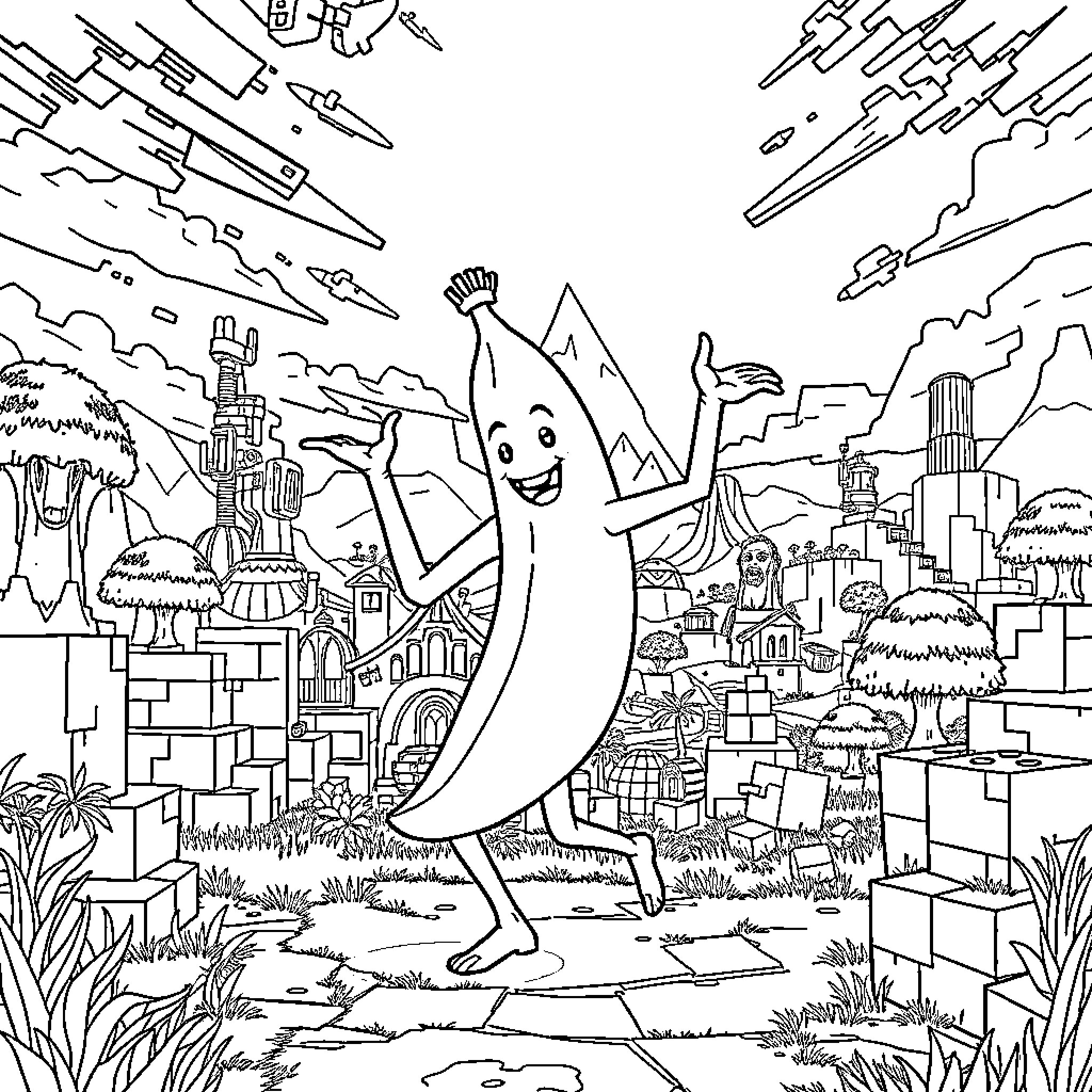 Banana Exploring the Surreal City Landscape Coloring Page (free black-and-white line drawing printable PDF for all, from beginners to advanced learners, including children, teens, adults, and seniors)