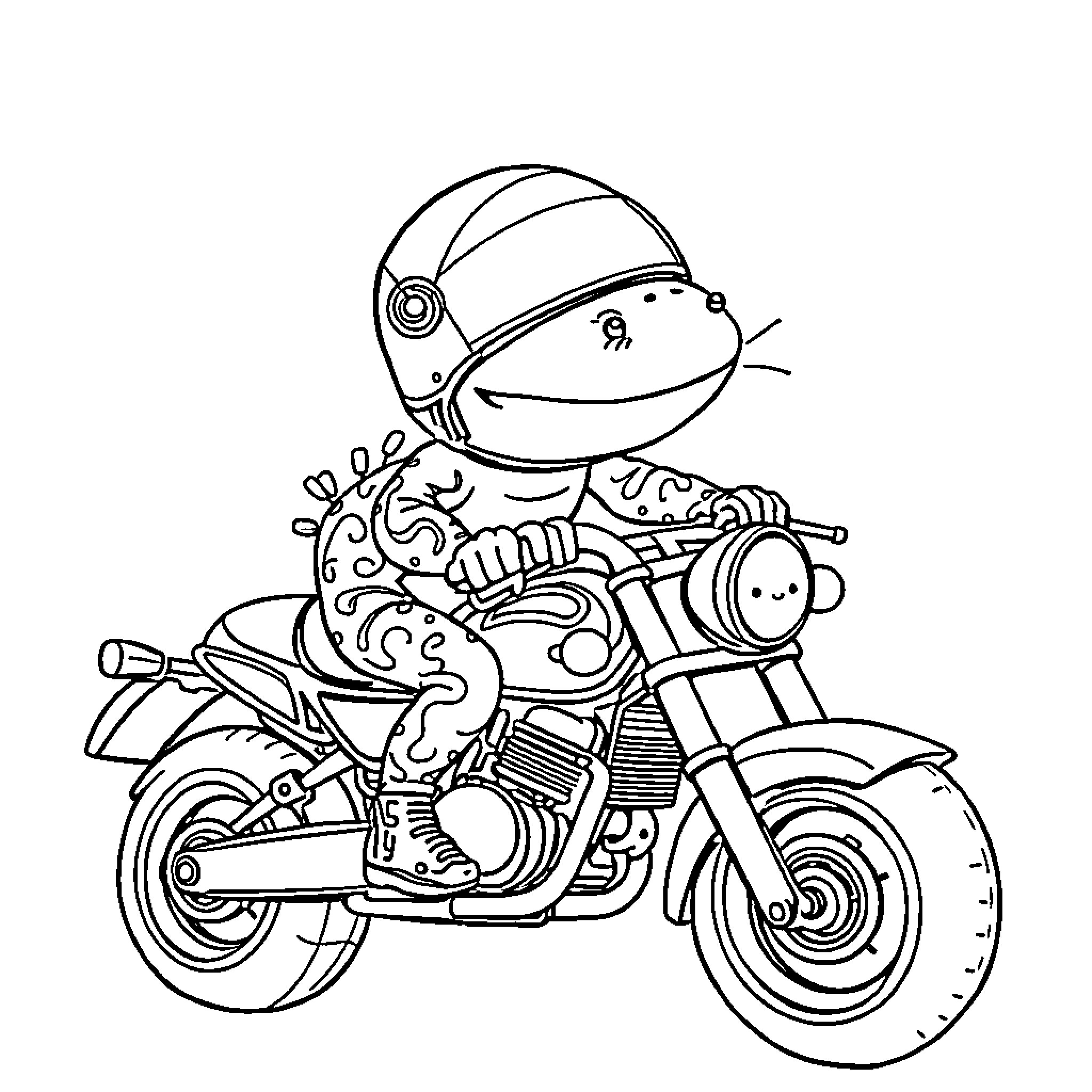 Axolotl riding a motorcycle Coloring Page (free black-and-white line drawing printable PDF for all, from beginners to advanced learners, including children, teens, adults, and seniors)