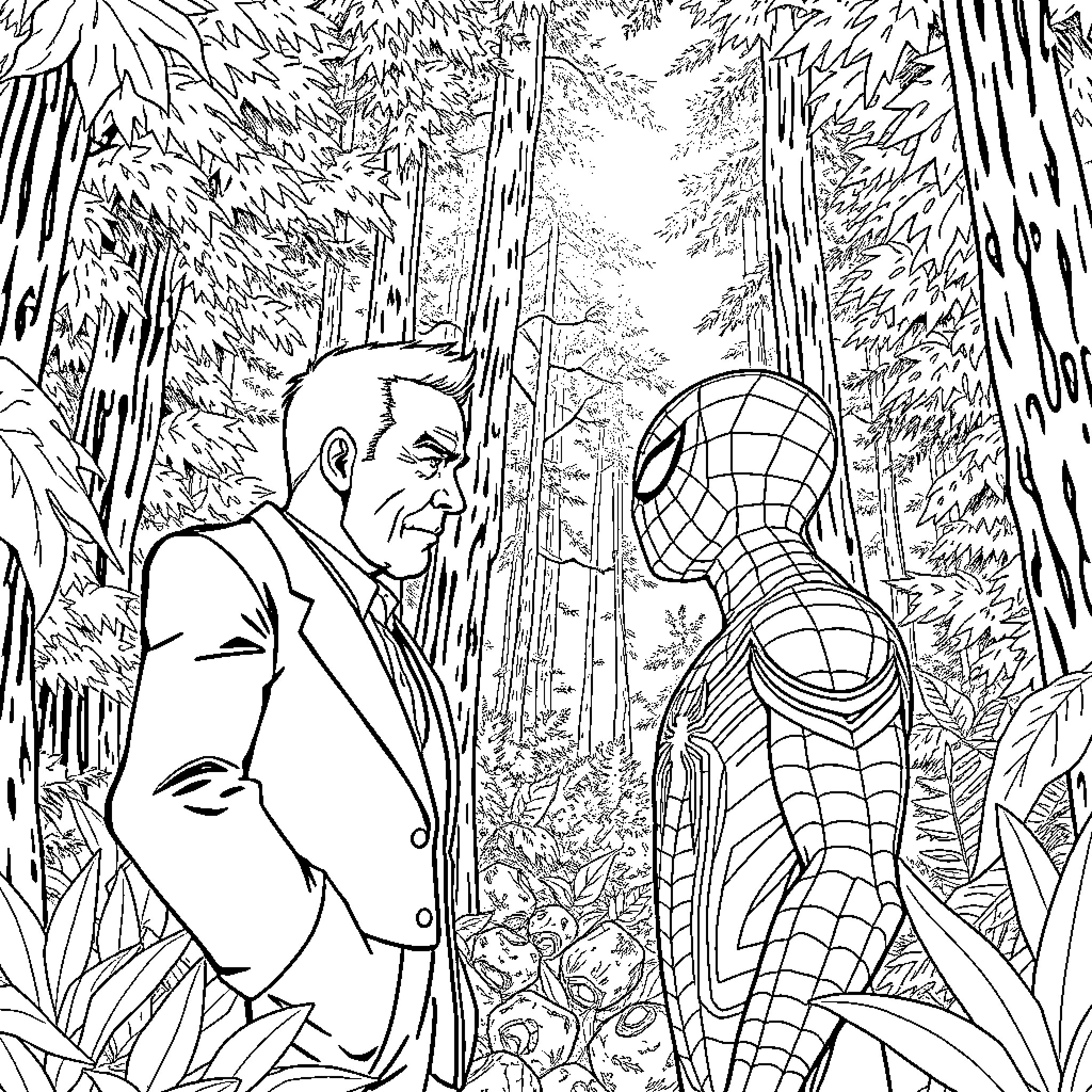Donald Tusk in a woodland conversation with Spider-Man Coloring Page (free black-and-white line drawing printable PDF for all, from beginners to advanced learners, including children, teens, adults, and seniors)