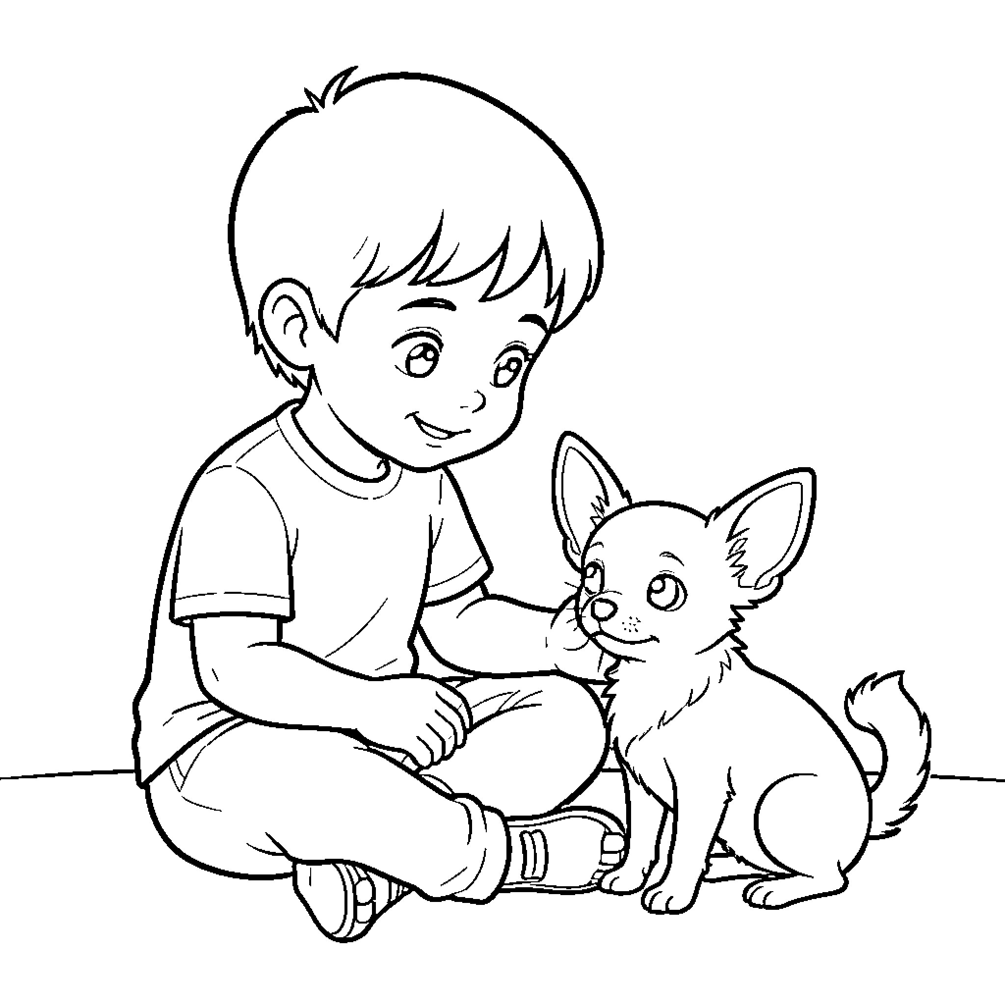 Chihuahua sitting calmly while being petted by a boy Coloring Page (free black-and-white line drawing printable PDF for all, from beginners to advanced learners, including children, teens, adults, and seniors)