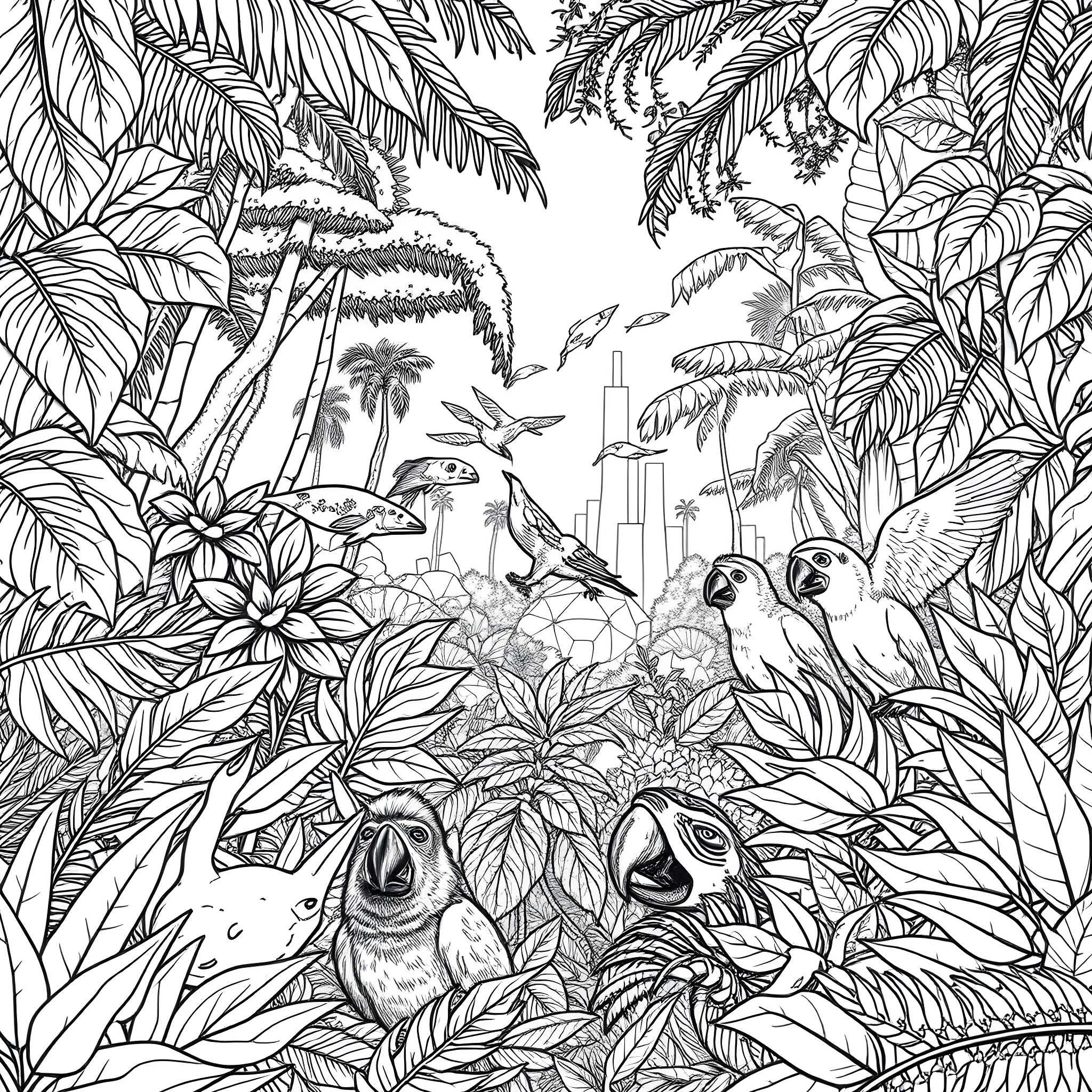 Jungle Creatures Exploring the Lush Foliage Coloring Page (free black-and-white line drawing printable PDF for all, from beginners to advanced learners, including children, teens, adults, and seniors)