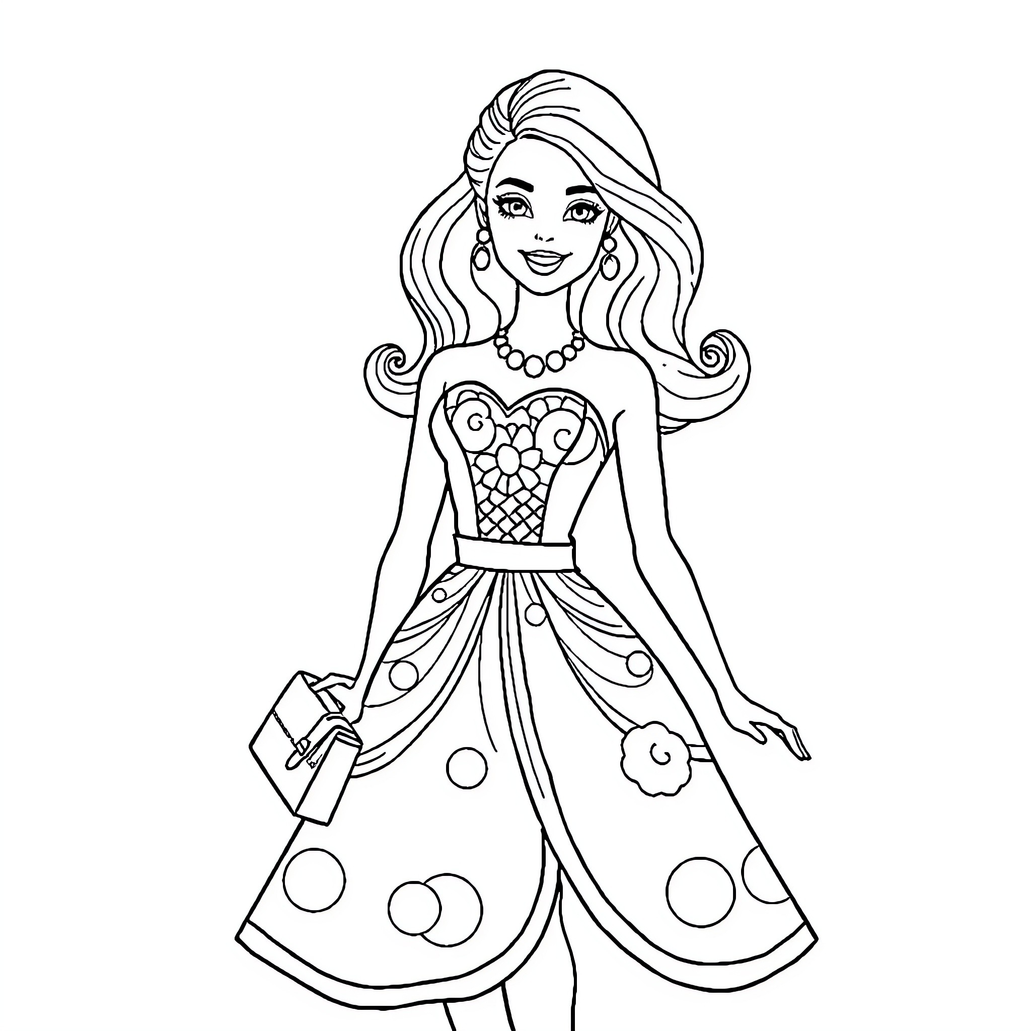 Barbie in a Whimsical Outfit Coloring Page (free black-and-white line drawing printable PDF for all, from beginners to advanced learners, including children, teens, adults, and seniors)