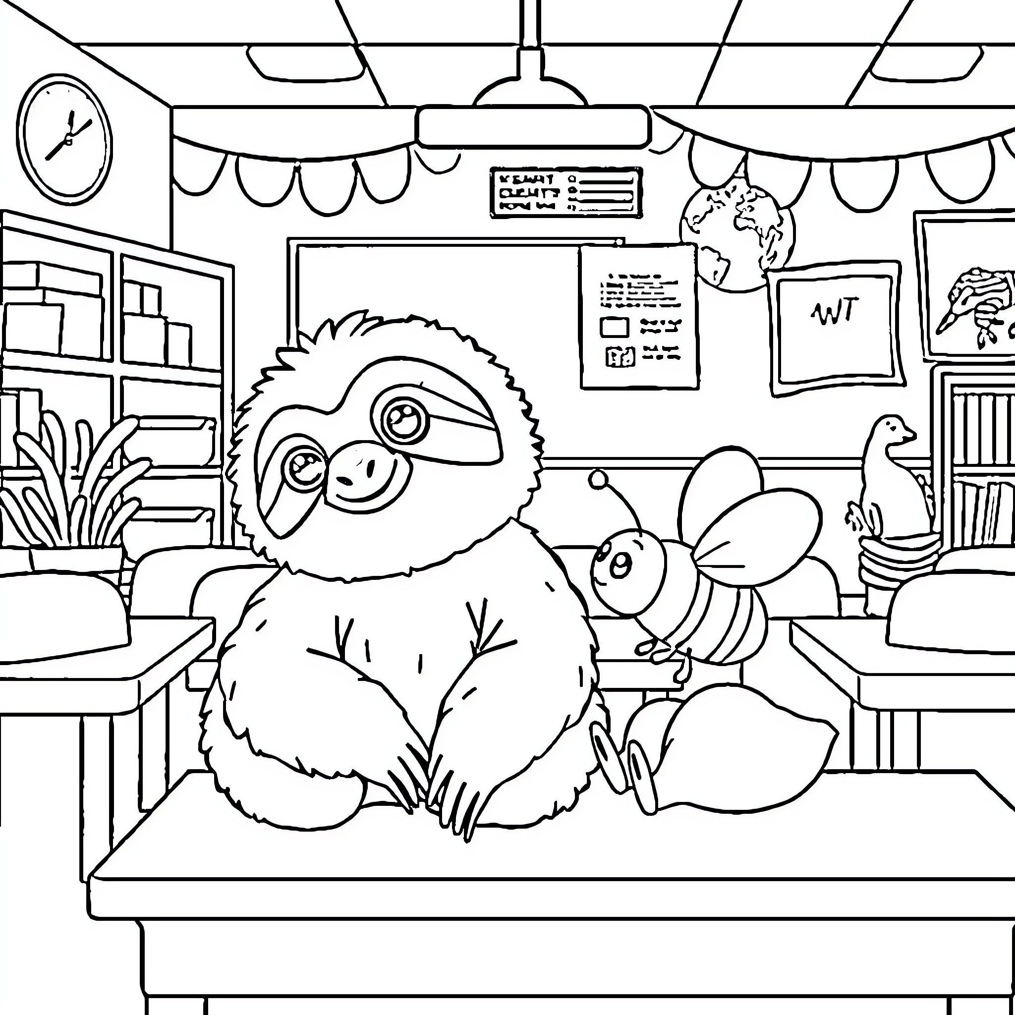 Sloth relaxing in a cozy classroom setting Coloring Page (free black-and-white line drawing printable PDF for all, from beginners to advanced learners, including children, teens, adults, and seniors)