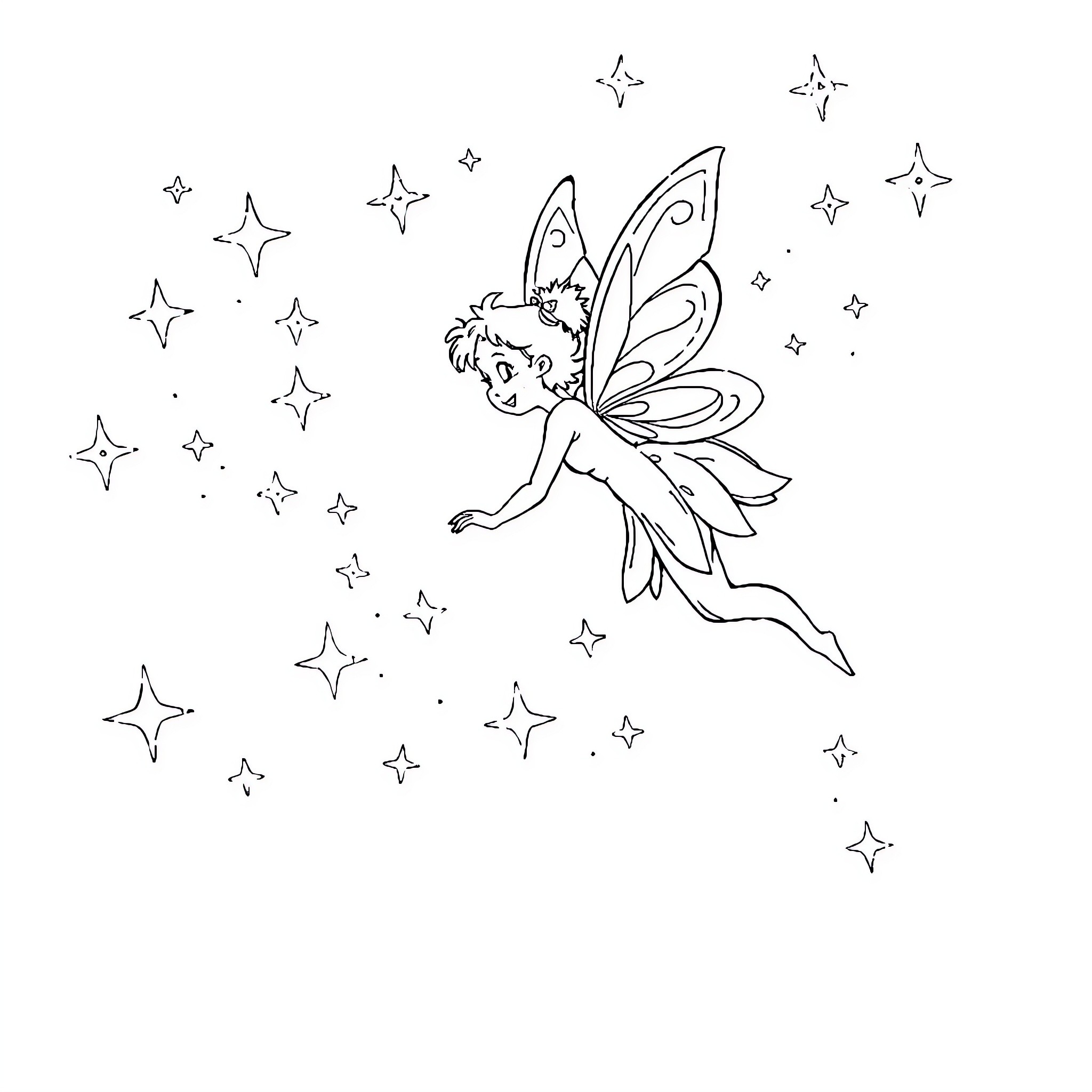 Fairy dancing among the stars Coloring Page (free black-and-white line drawing printable PDF for all, from beginners to advanced learners, including children, teens, adults, and seniors)