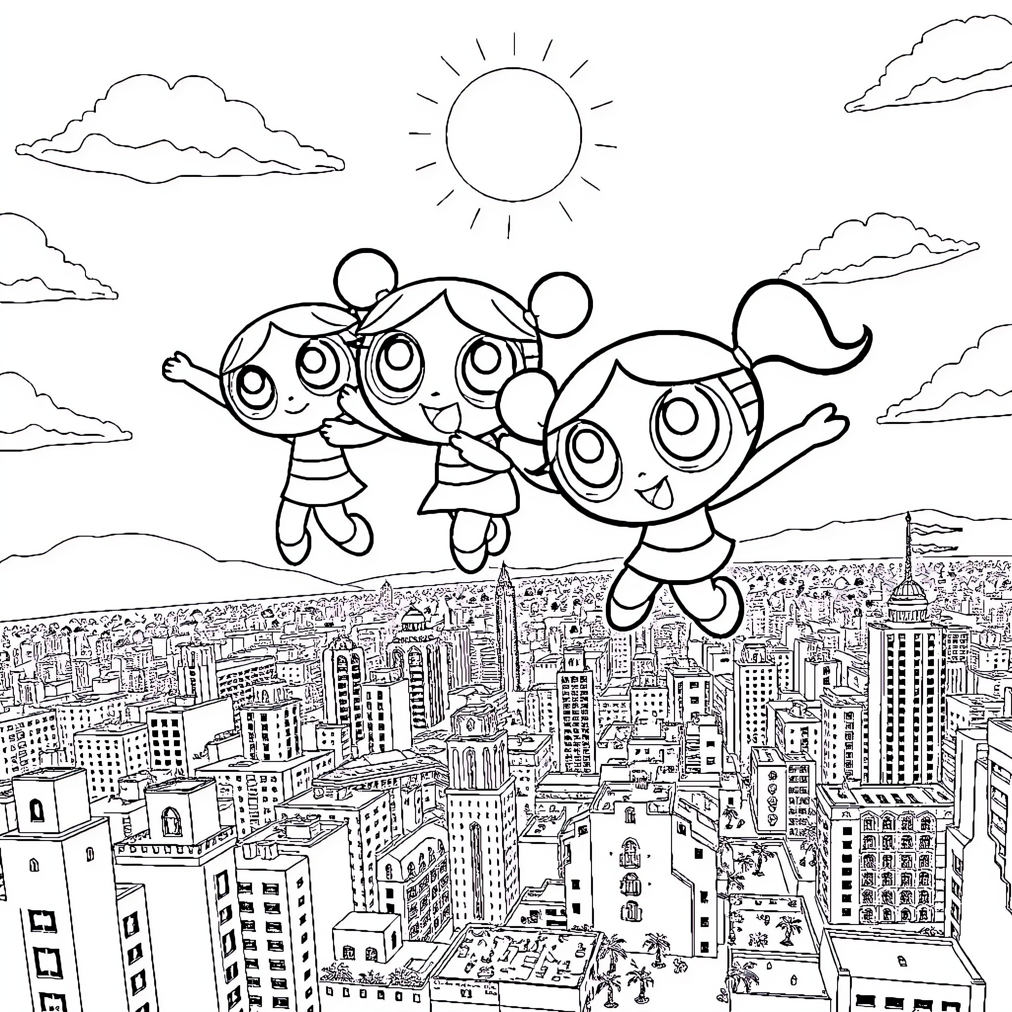 Powerpuff Girls soaring over the city Coloring Page (free black-and-white line drawing printable PDF for all, from beginners to advanced learners, including children, teens, adults, and seniors)