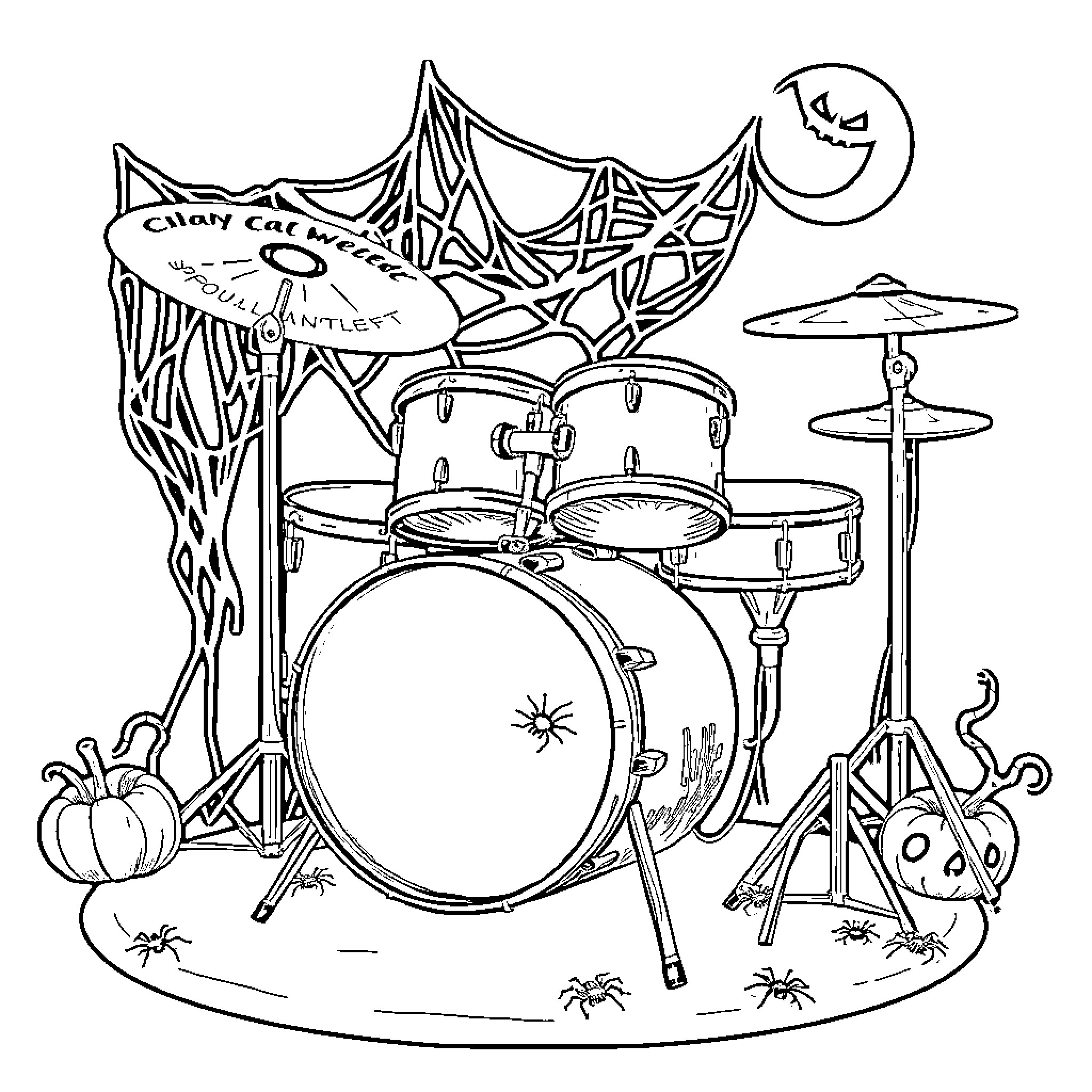 Drum Set Surrounded by Spooky Halloween Decor Coloring Page (free black-and-white line drawing printable PDF for all, from beginners to advanced learners, including children, teens, adults, and seniors)