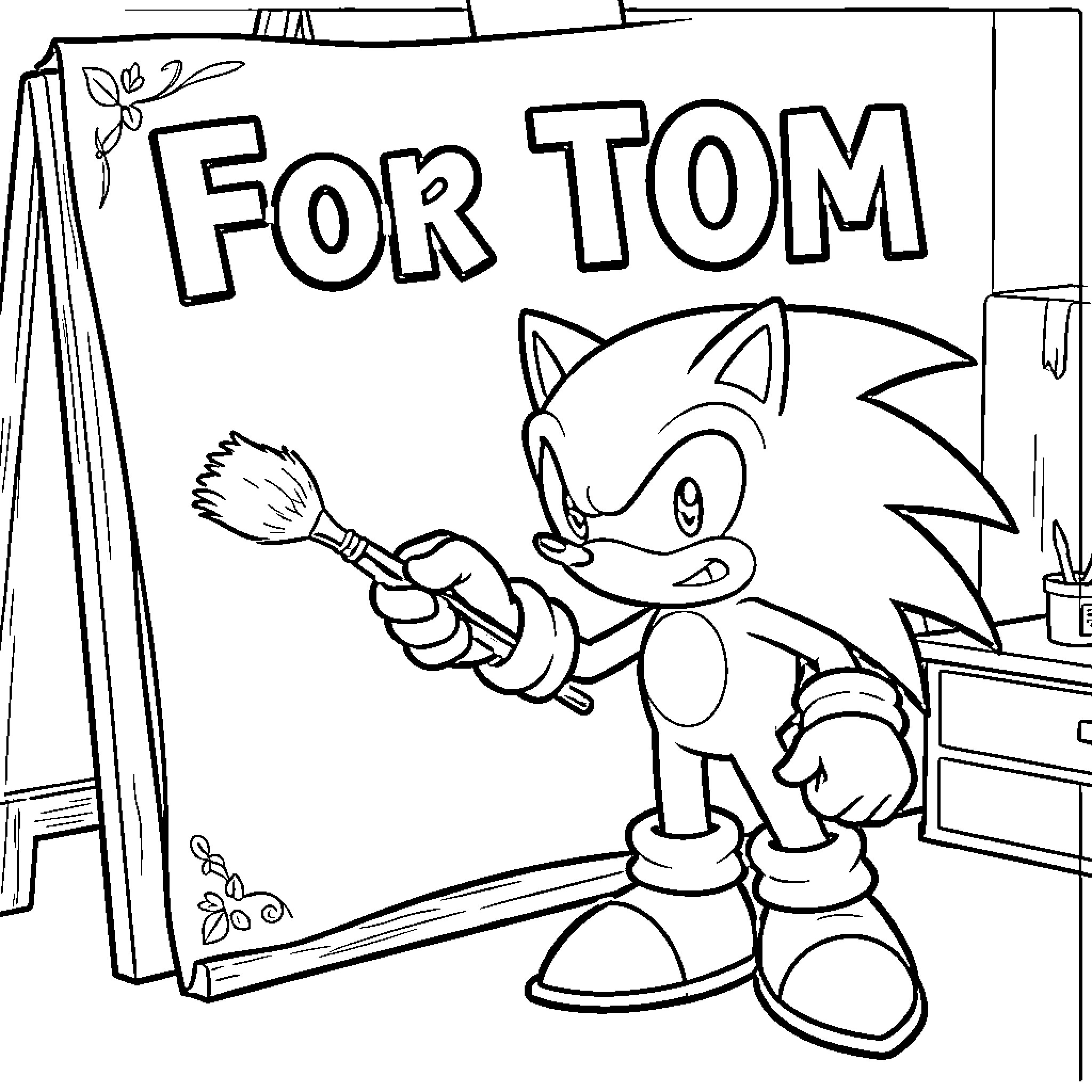 Sonic painting a custom sign on an easel Coloring Page (free black-and-white line drawing printable PDF for all, from beginners to advanced learners, including children, teens, adults, and seniors)