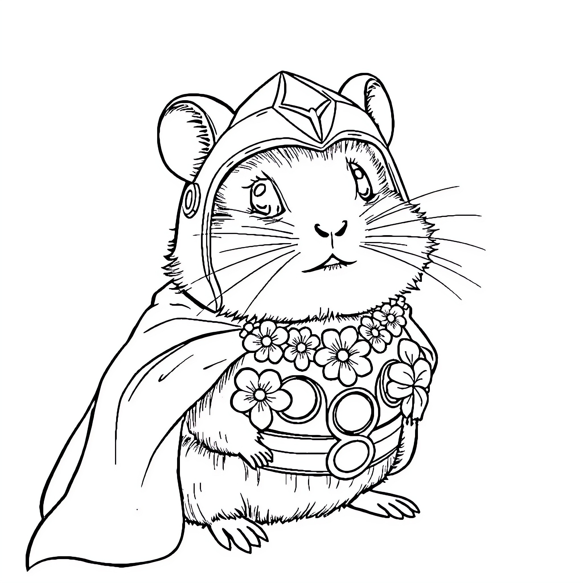 Hamster wearing floral outfit and hat Coloring Page (free black-and-white line drawing printable PDF for all, from beginners to advanced learners, including children, teens, adults, and seniors)