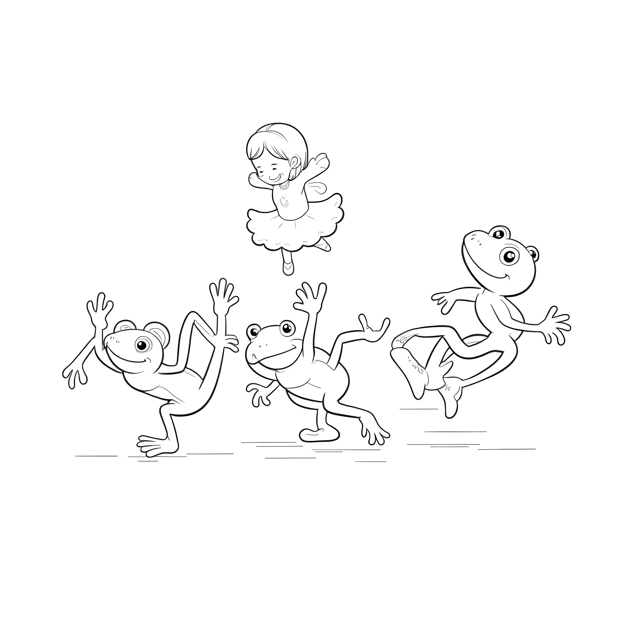 Frog friends dancing and jumping joyfully Coloring Page (free black-and-white line drawing printable PDF for all, from beginners to advanced learners, including children, teens, adults, and seniors)