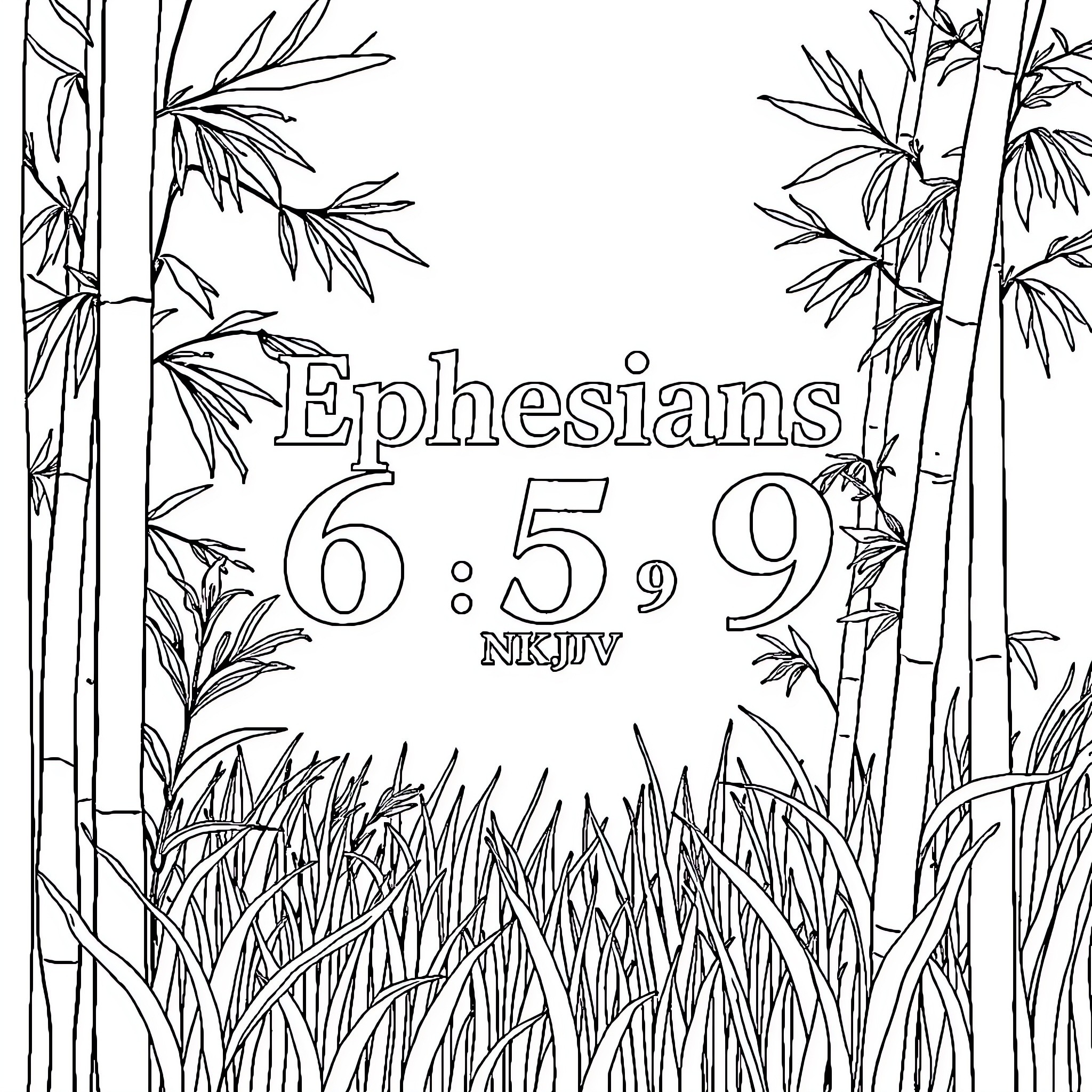 Bible verse in bamboo forest with foliage Coloring Page (free black-and-white line drawing printable PDF for all, from beginners to advanced learners, including children, teens, adults, and seniors)