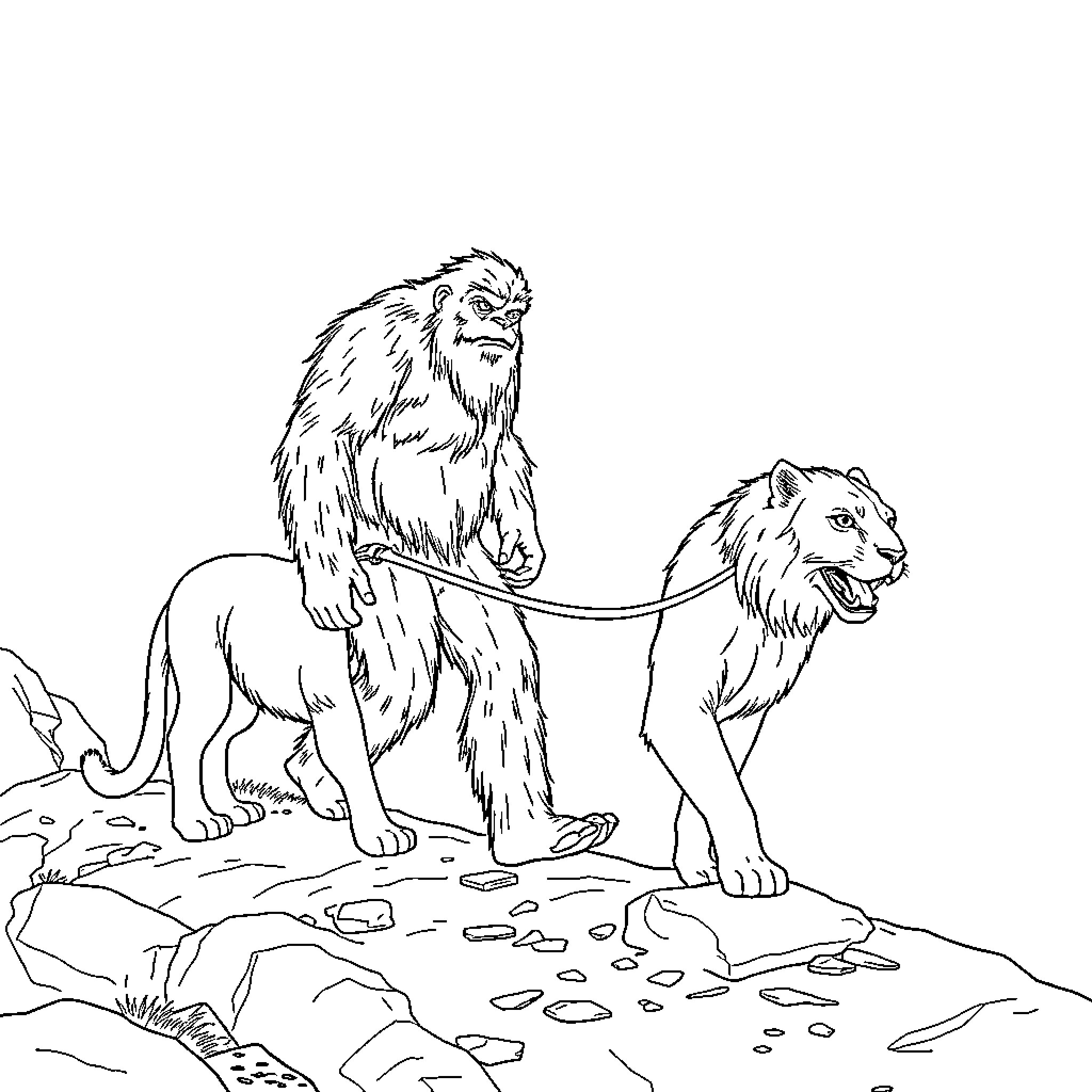 Bigfoot and lion in the wild Coloring Page (free black-and-white line drawing printable PDF for all, from beginners to advanced learners, including children, teens, adults, and seniors)