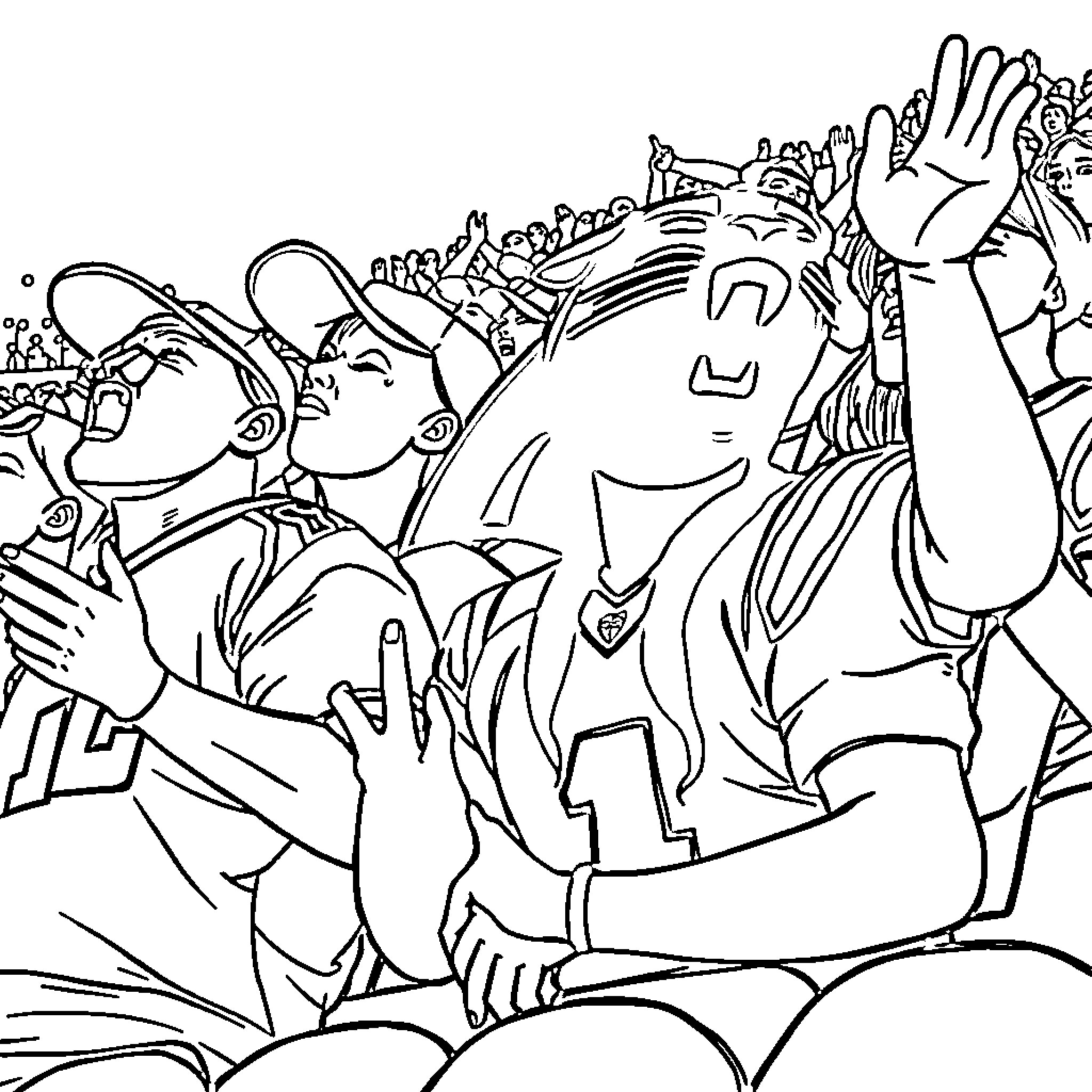 Panther cheering enthusiastically with a crowd Coloring Page (free black-and-white line drawing printable PDF for all, from beginners to advanced learners, including children, teens, adults, and seniors)
