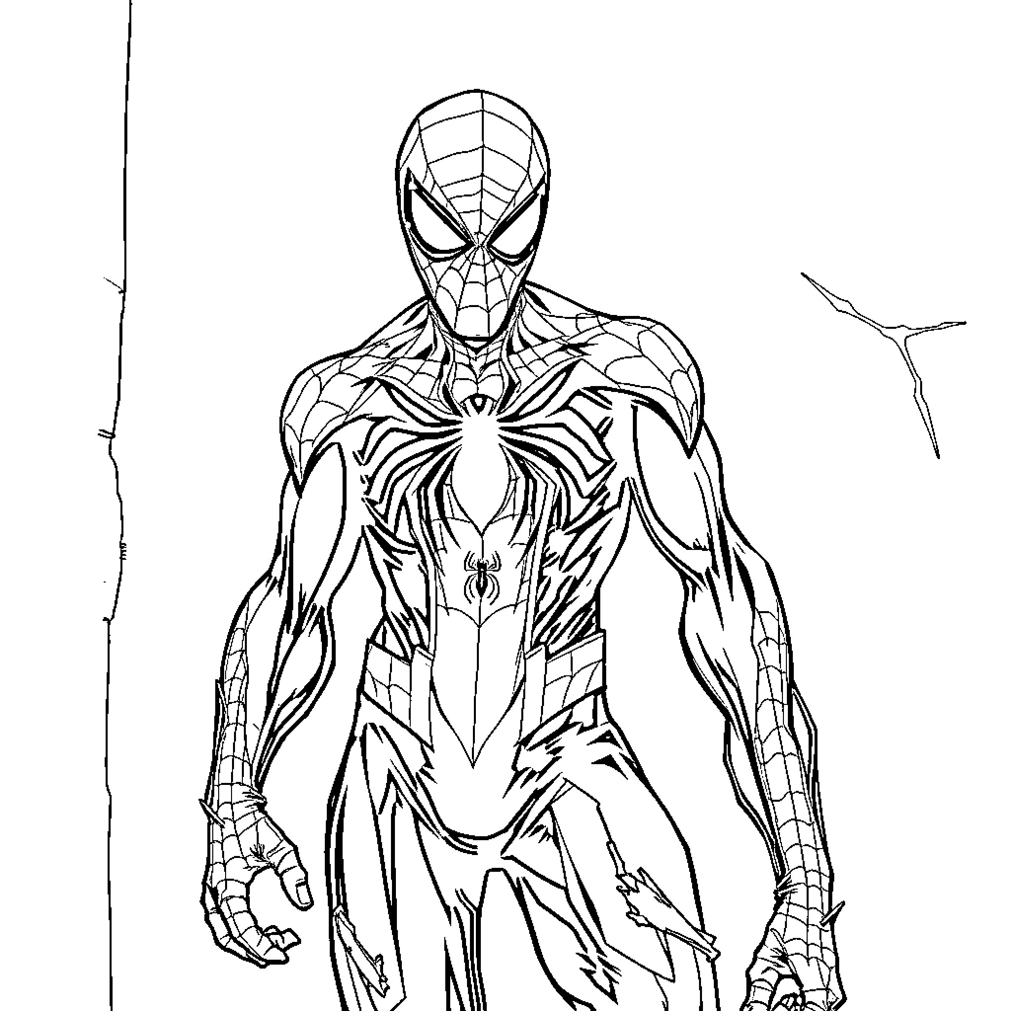 Spiderman in heroic pose against dark backdrop Coloring Page (free black-and-white line drawing printable PDF for all, from beginners to advanced learners, including children, teens, adults, and seniors)