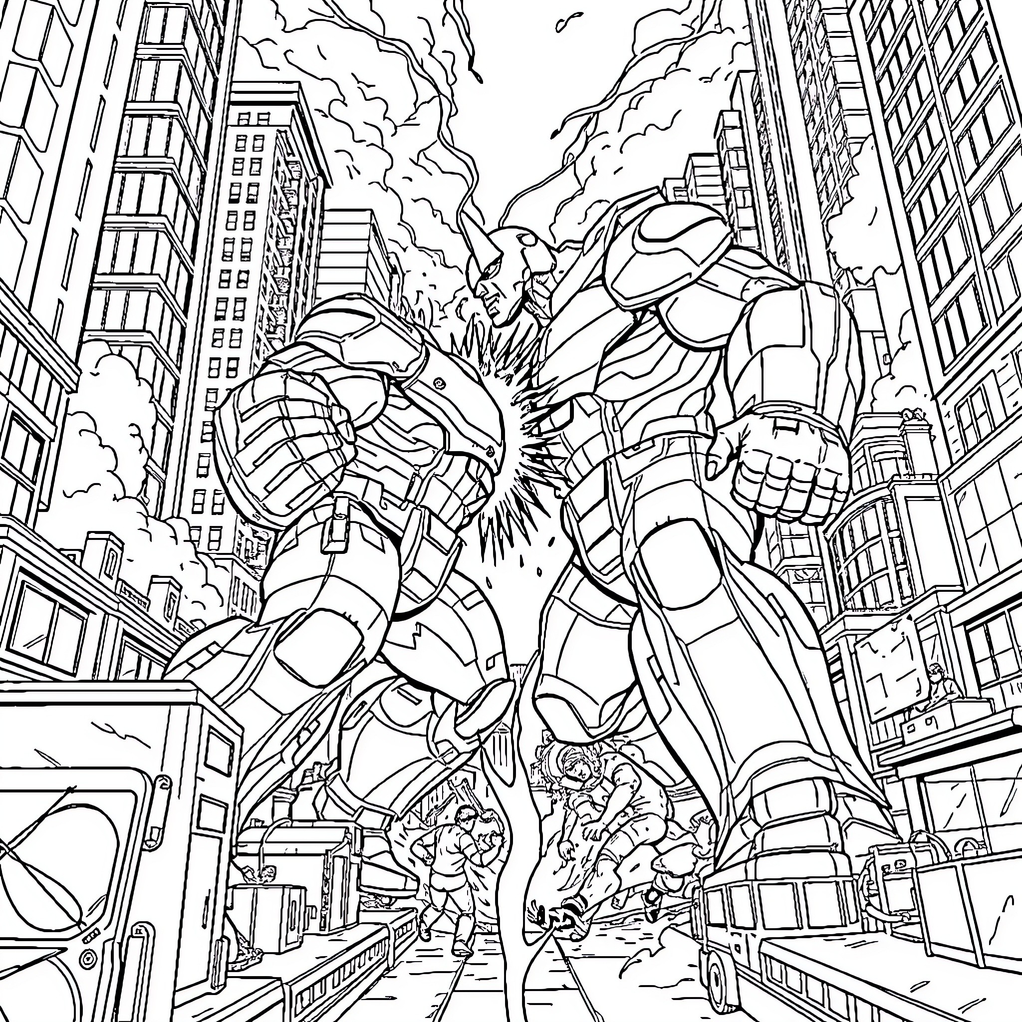 Juggernaut Crushes Through the City in Chaos Coloring Page (free black-and-white line drawing printable PDF for all, from beginners to advanced learners, including children, teens, adults, and seniors)