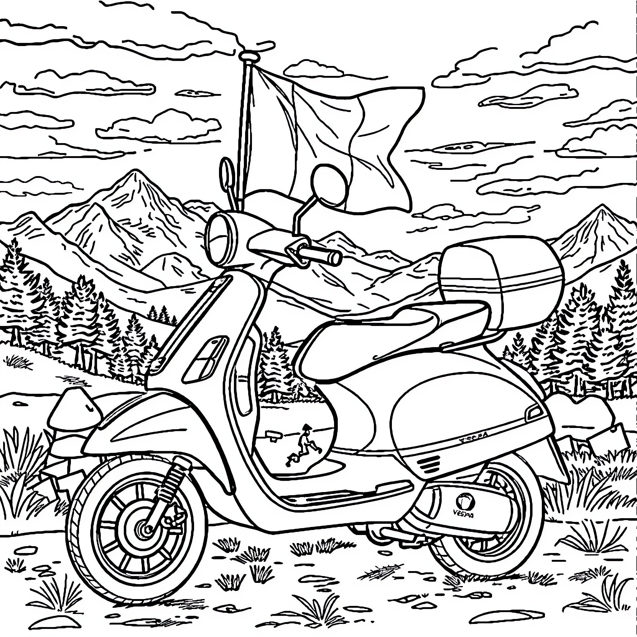 Vespa scooter in a scenic mountain landscape Coloring Page (free black-and-white line drawing printable PDF for all, from beginners to advanced learners, including children, teens, adults, and seniors)