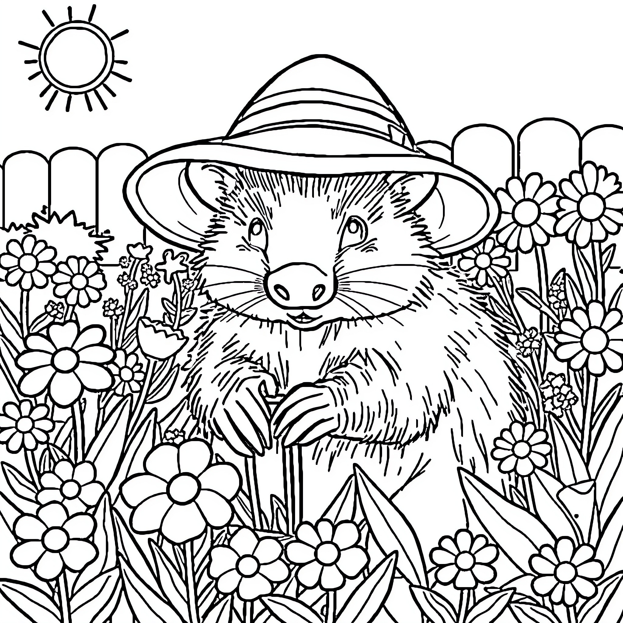Wombat exploring a garden of flowers Coloring Page (free black-and-white line drawing printable PDF for all, from beginners to advanced learners, including children, teens, adults, and seniors)