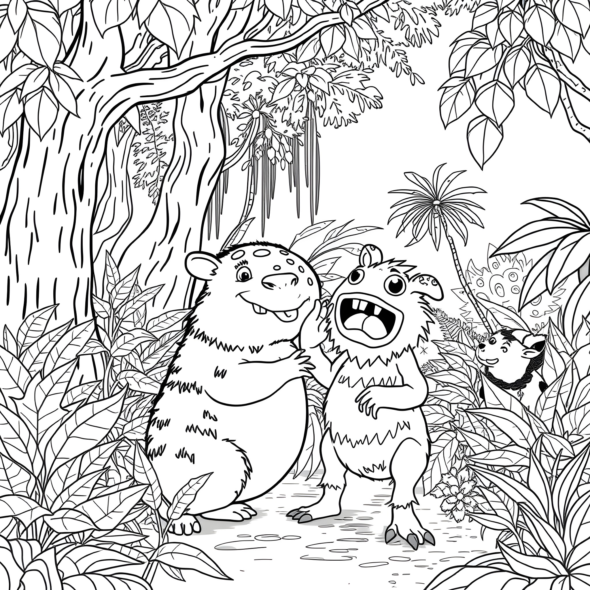 Capybara friends exploring the lush jungle Coloring Page (free black-and-white line drawing printable PDF for all, from beginners to advanced learners, including children, teens, adults, and seniors)