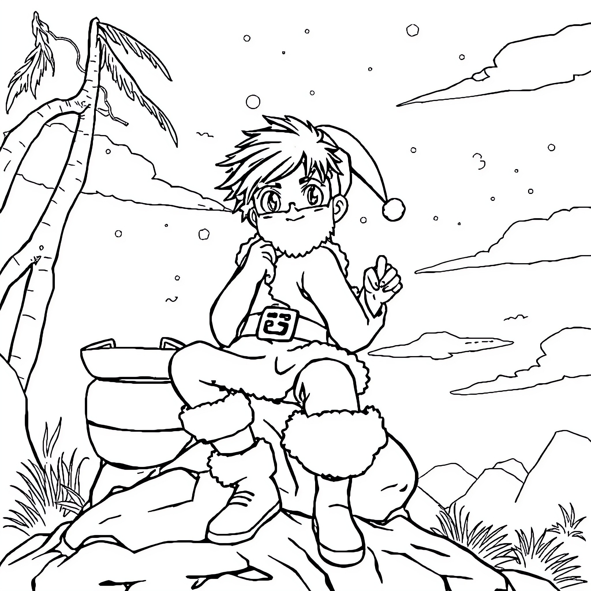 Anime Boy Exploring Deserted Island Coloring Page (free black-and-white line drawing printable PDF for all, from beginners to advanced learners, including children, teens, adults, and seniors)