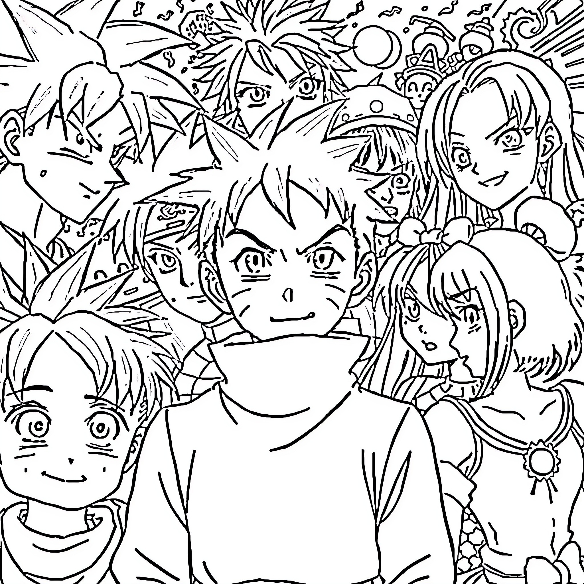 Anime Characters in Vibrant Illustration Coloring Page (free black-and-white line drawing printable PDF for all, from beginners to advanced learners, including children, teens, adults, and seniors)