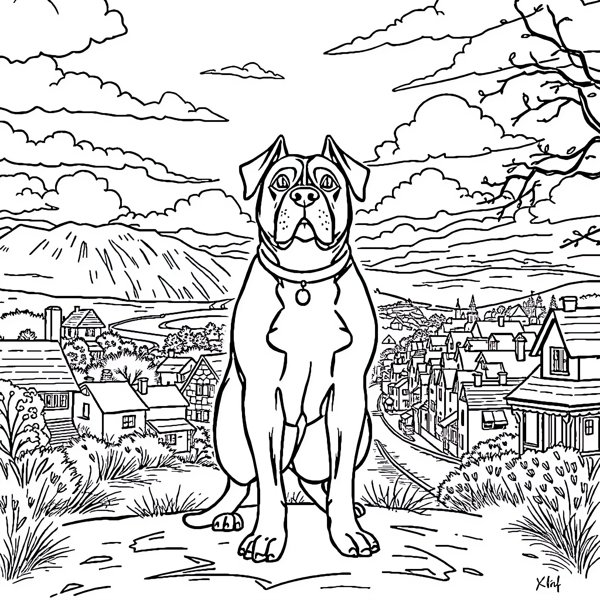 Booba the Playful Pup Exploring the Scenic Countryside Coloring Page (free black-and-white line drawing printable PDF for all, from beginners to advanced learners, including children, teens, adults, and seniors)