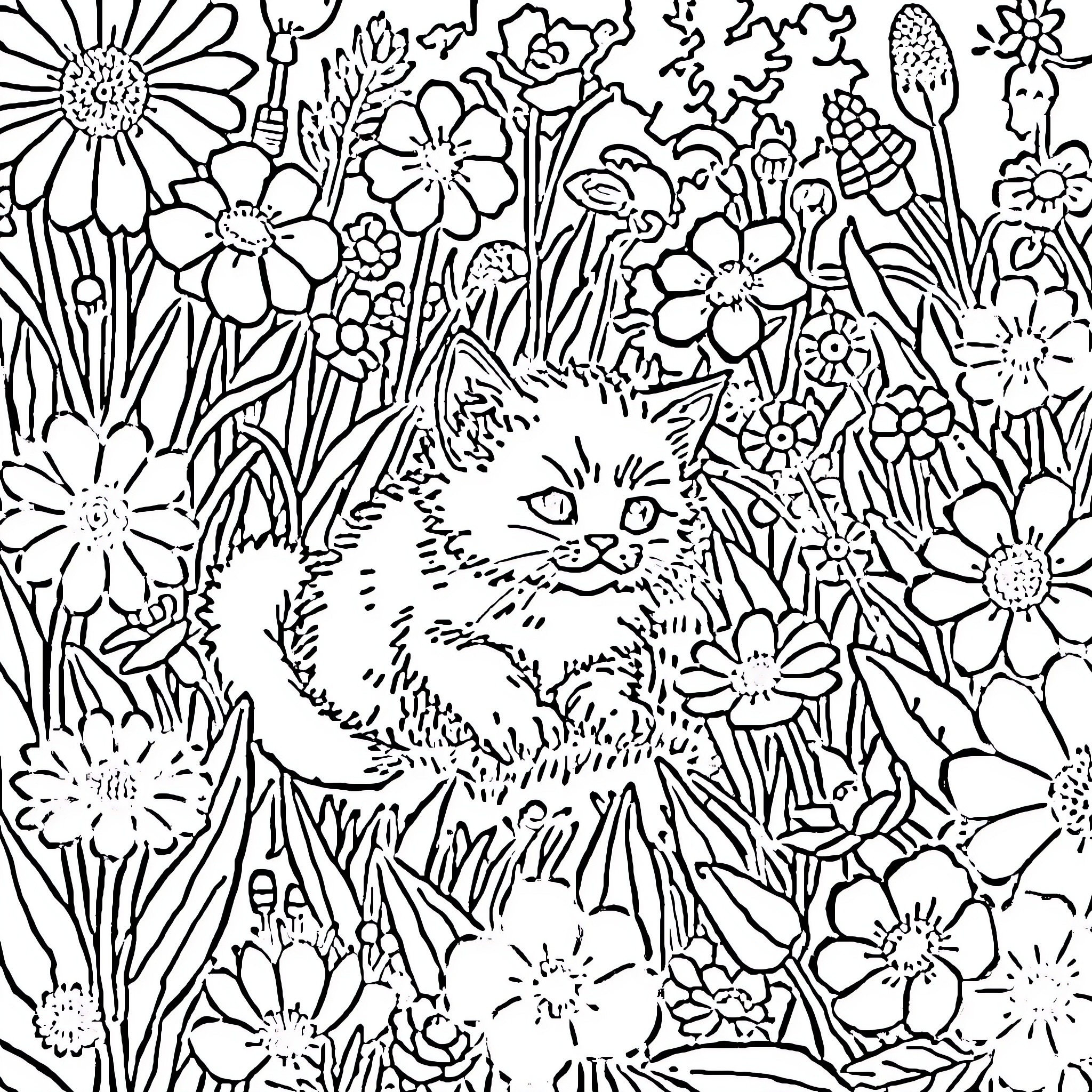 Kitty Surrounded by Colorful Flowers Coloring Page (free black-and-white line drawing printable PDF for all, from beginners to advanced learners, including children, teens, adults, and seniors)