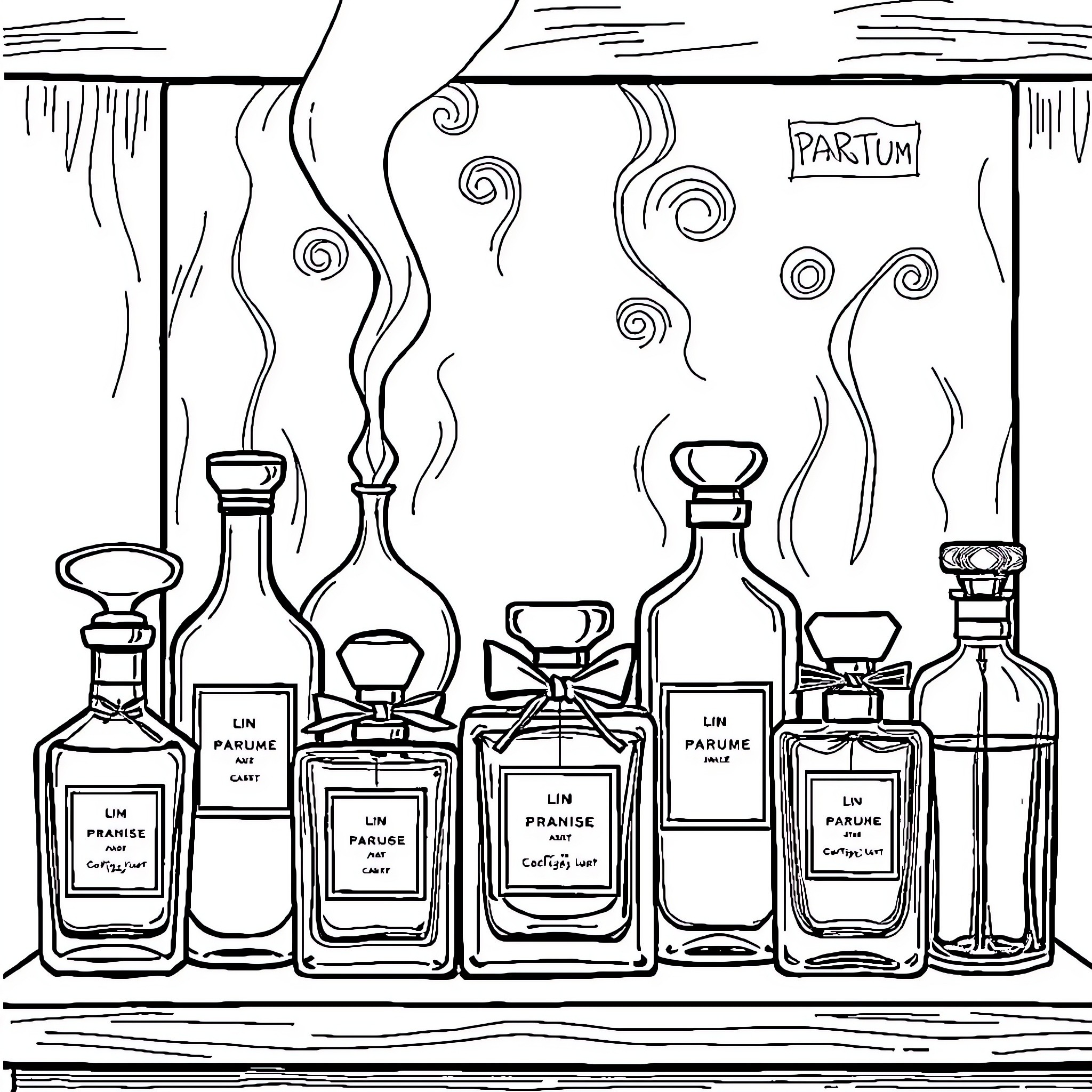 Perfume bottles and their alluring scents Coloring Page (free black-and-white line drawing printable PDF for all, from beginners to advanced learners, including children, teens, adults, and seniors)