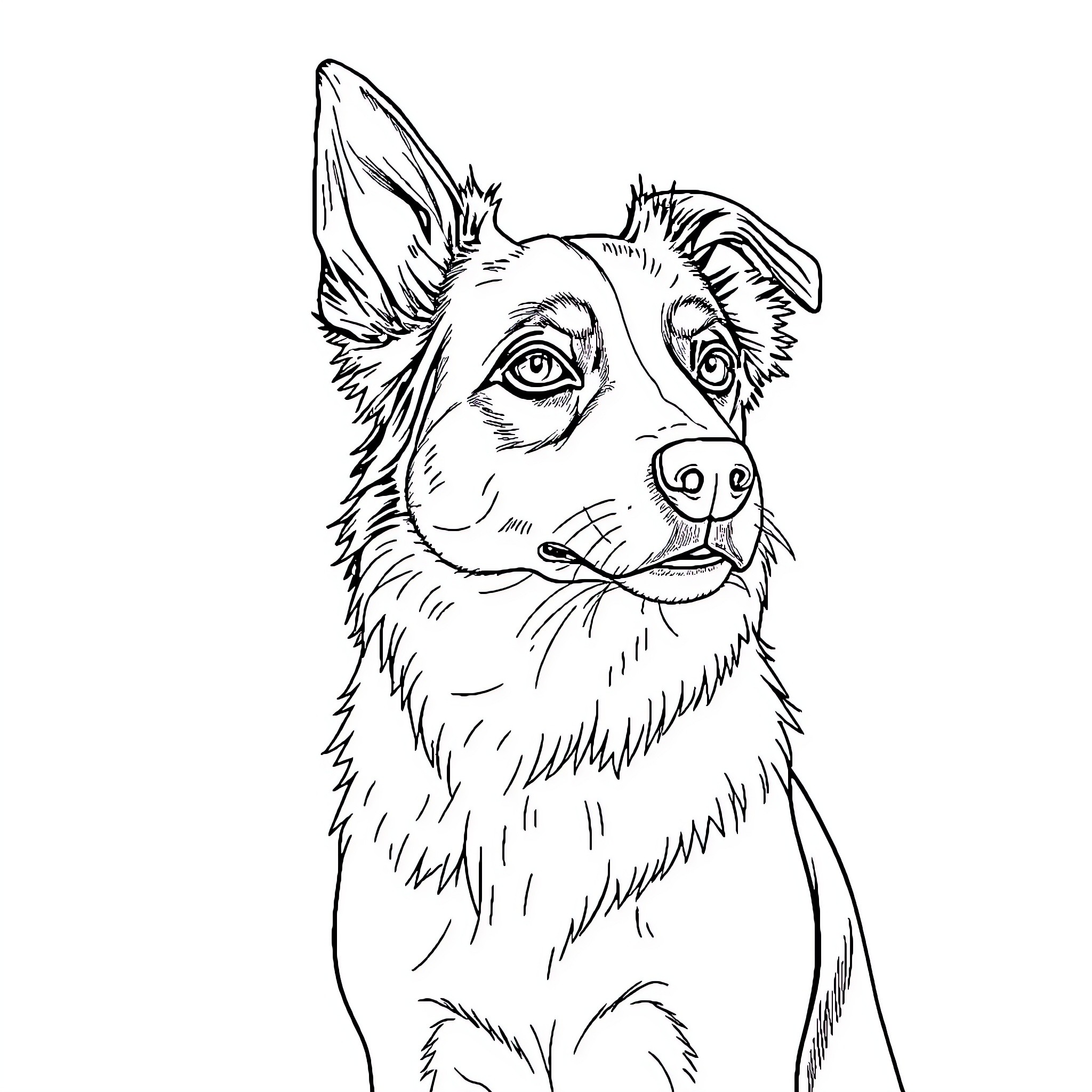 Dog with inquisitive expression Coloring Page (free black-and-white line drawing printable PDF for all, from beginners to advanced learners, including children, teens, adults, and seniors)