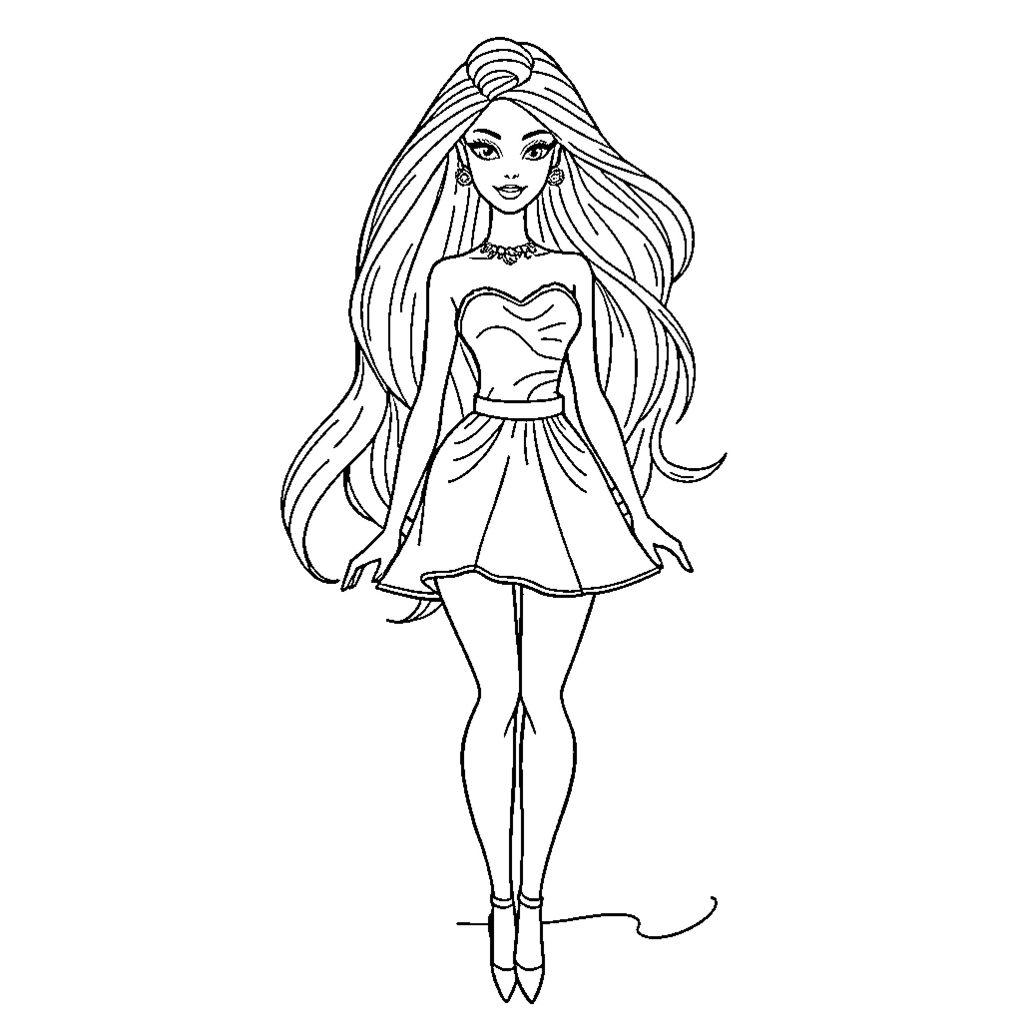 Barbie Dressed Up in Elegant Fashion Coloring Page (free black-and-white line drawing printable PDF for all, from beginners to advanced learners, including children, teens, adults, and seniors)