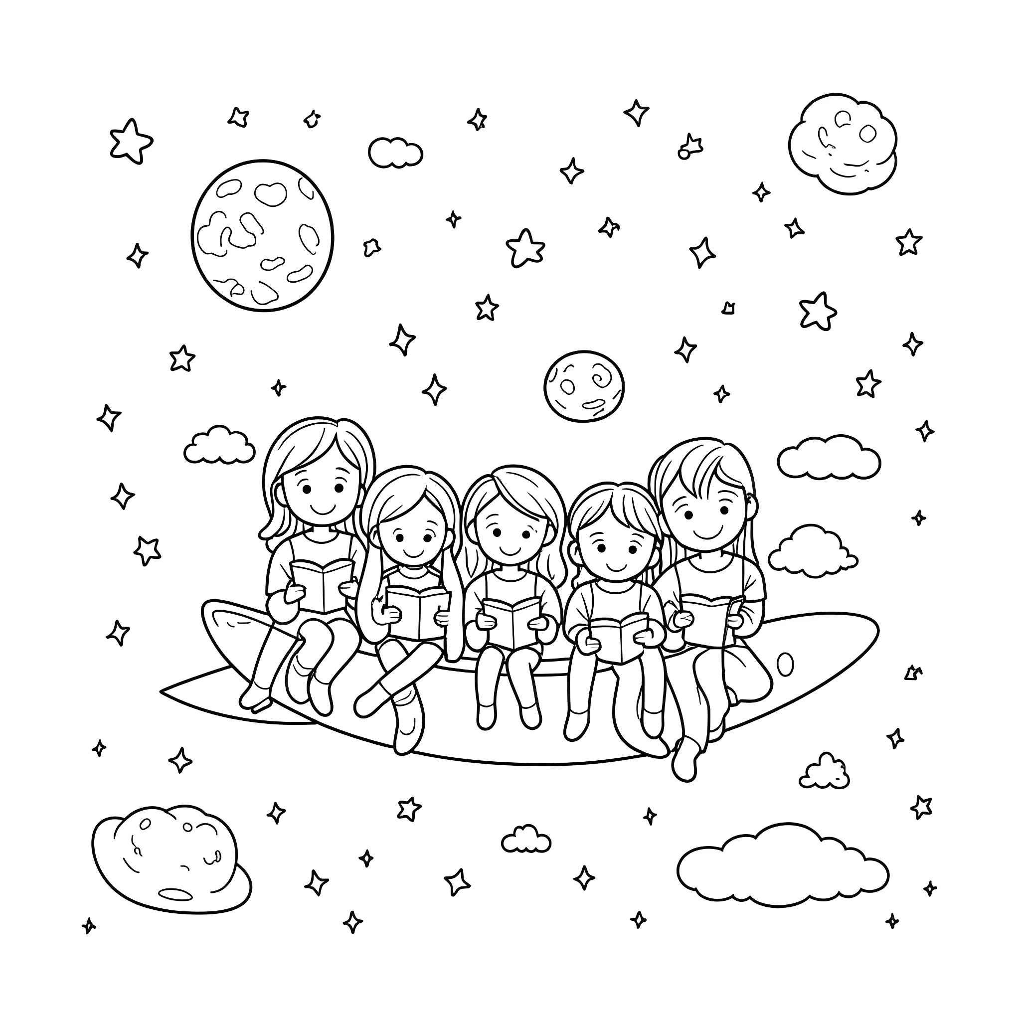 Kid friends surfing through the cosmic sky Coloring Page (free black-and-white line drawing printable PDF for all, from beginners to advanced learners, including children, teens, adults, and seniors)