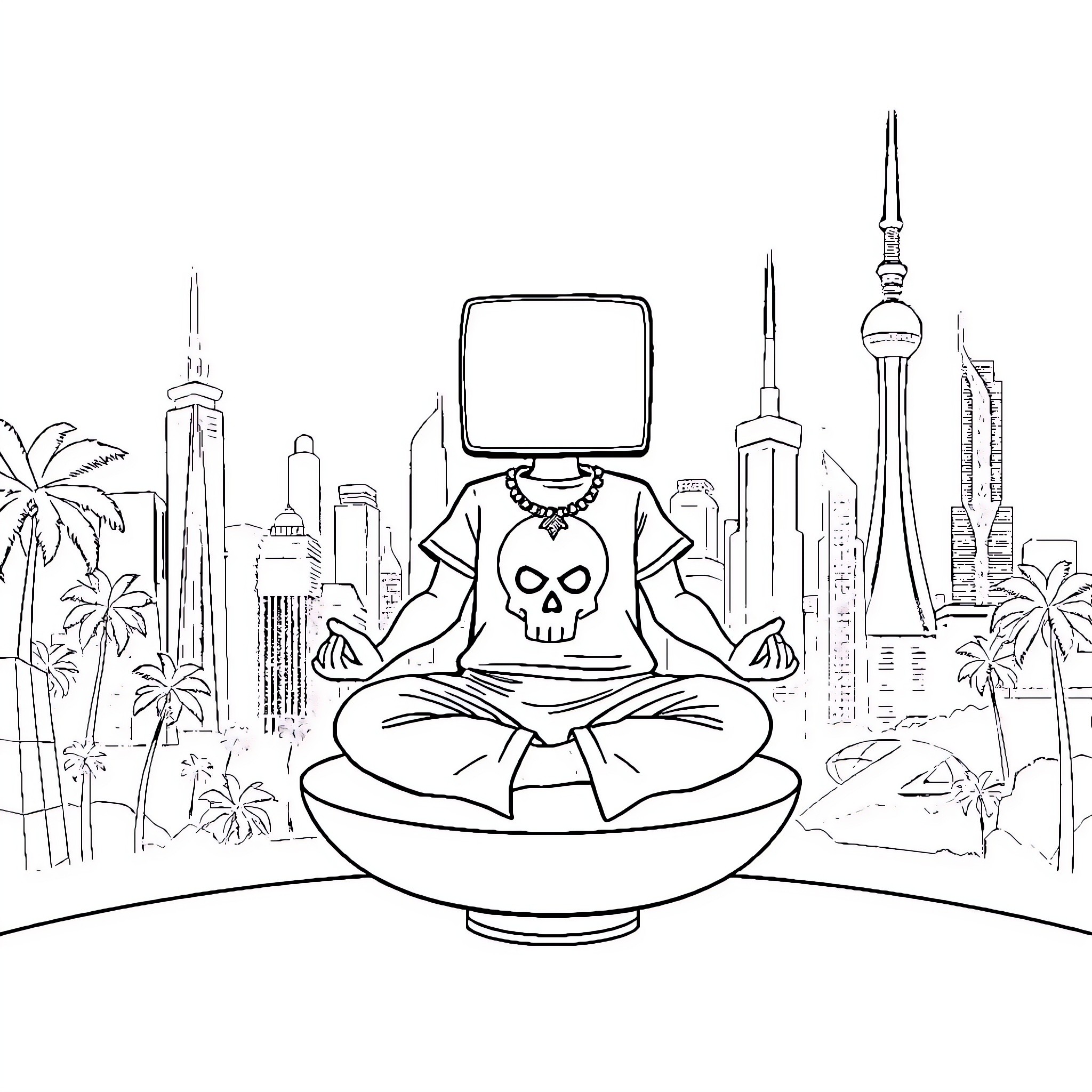 Box-Headed Character Meditating in Urban Cityscape Coloring Page (free black-and-white line drawing printable PDF for all, from beginners to advanced learners, including children, teens, adults, and seniors)