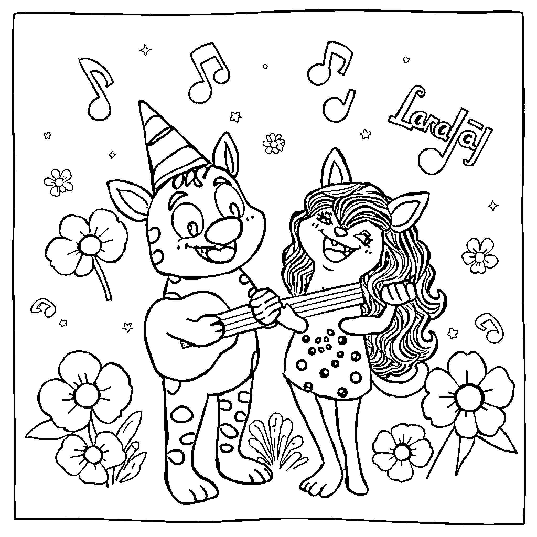Tralalero Creatures Playing Music and Flowers Coloring Page (free black-and-white line drawing printable PDF for all, from beginners to advanced learners, including children, teens, adults, and seniors)