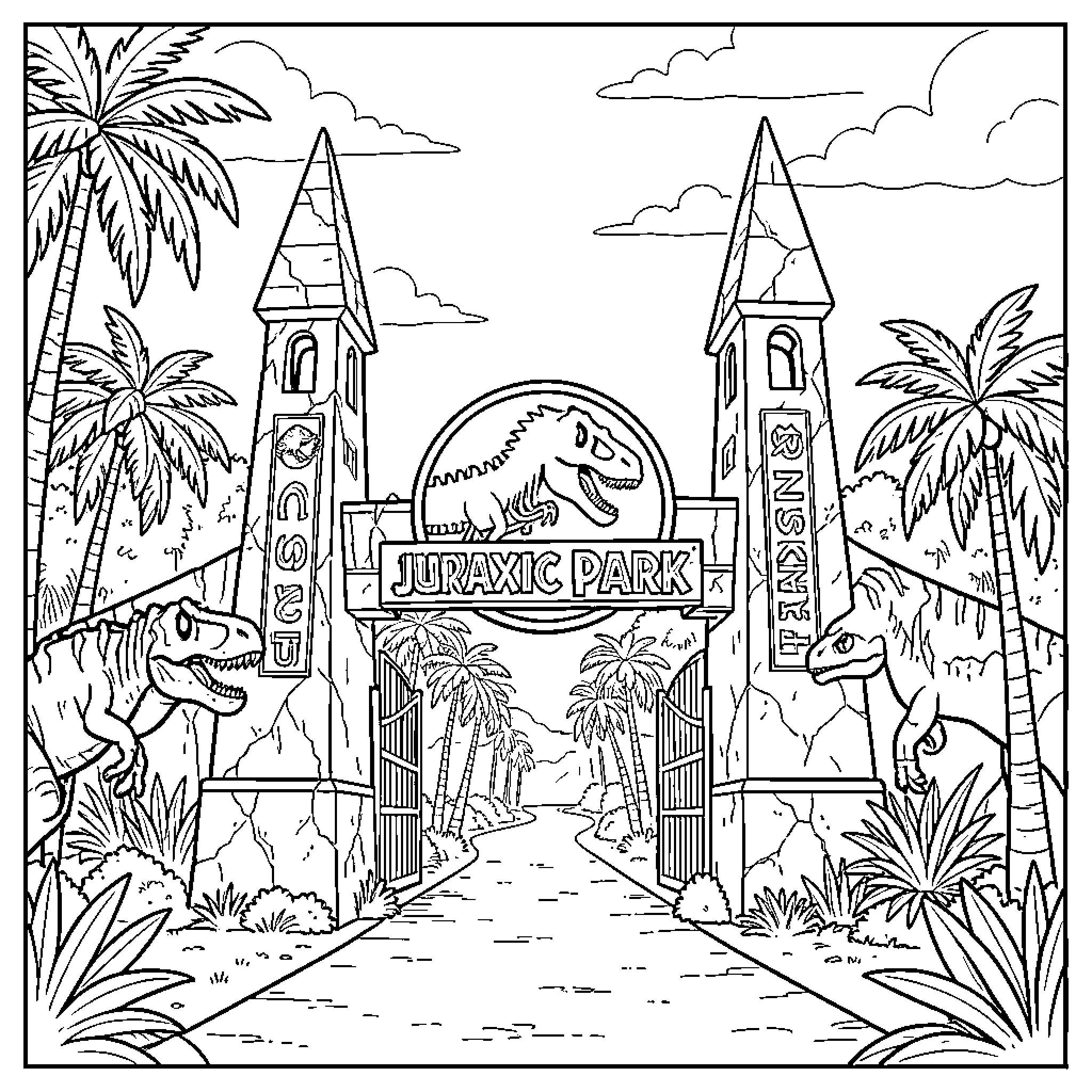 Jurassic Park entrance with dinosaurs roaming near palm trees Coloring Page (free black-and-white line drawing printable PDF for all, from beginners to advanced learners, including children, teens, adults, and seniors)