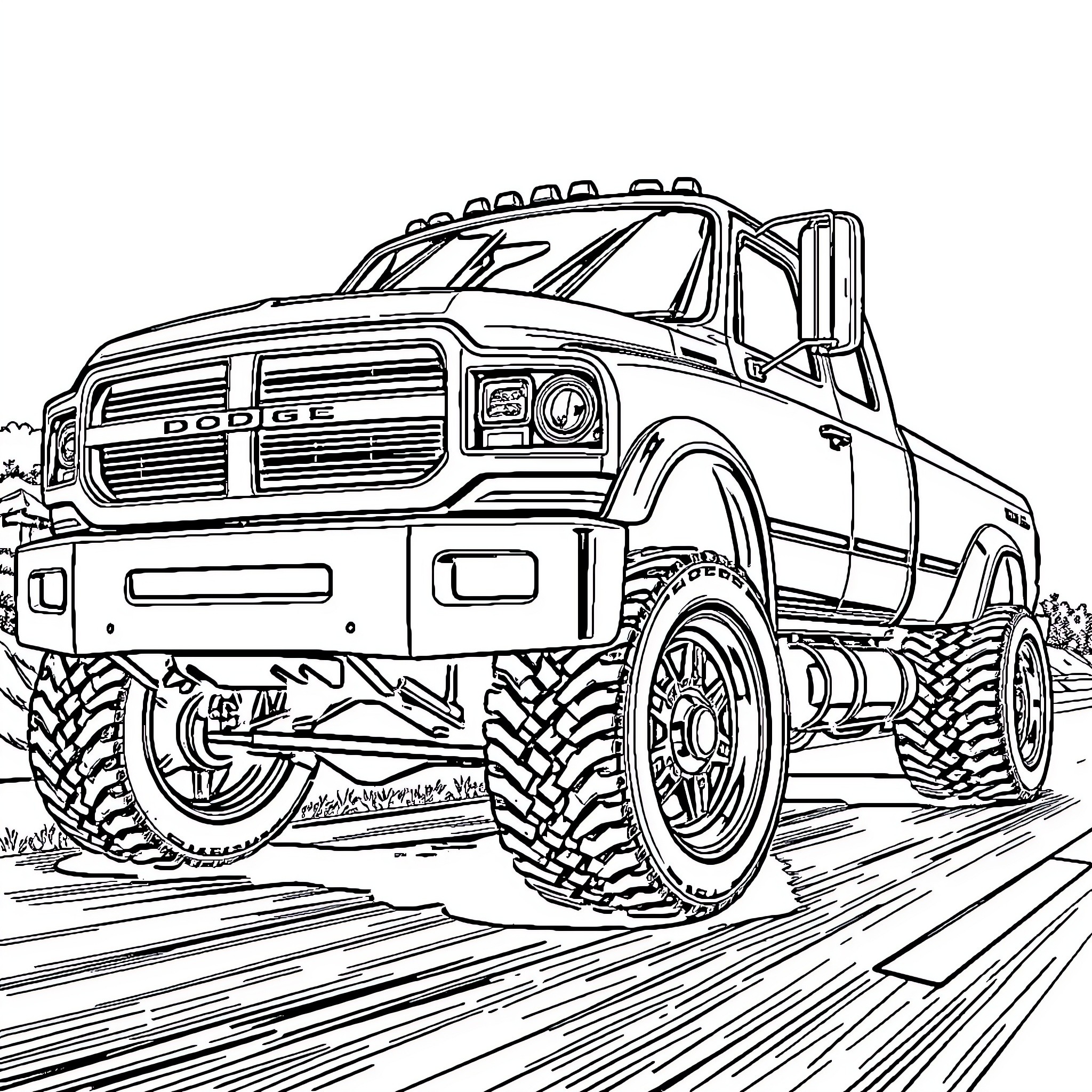 Truck on the move in rugged terrain Coloring Page (free black-and-white line drawing printable PDF for all, from beginners to advanced learners, including children, teens, adults, and seniors)