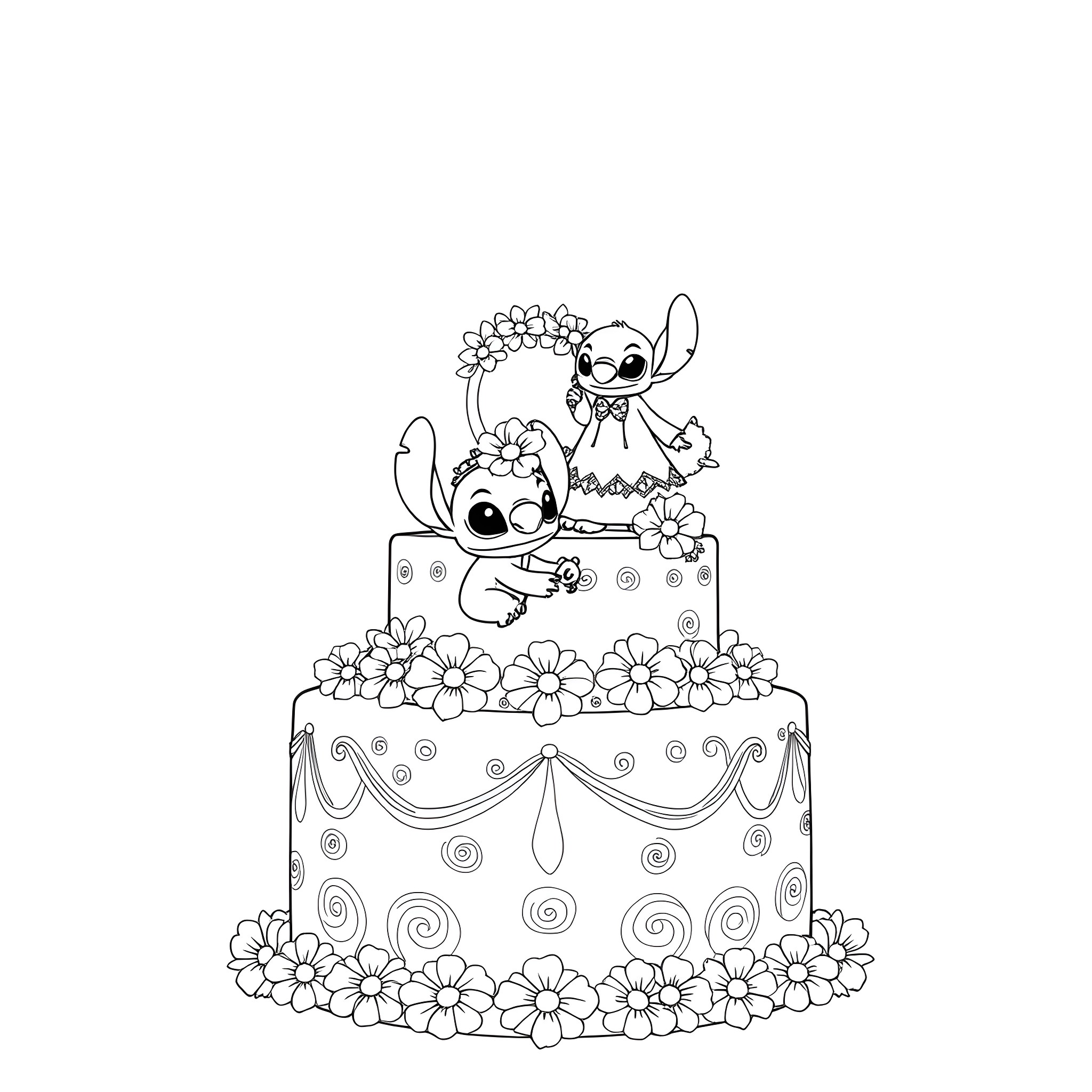 Stitch decorating a flowery cake Coloring Page (free black-and-white line drawing printable PDF for all, from beginners to advanced learners, including children, teens, adults, and seniors)