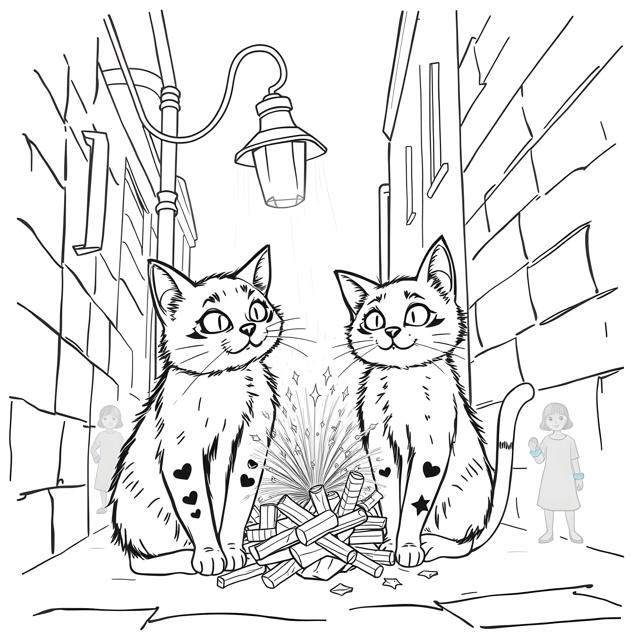 Cats sitting on a dark alley Coloring Page (free black-and-white line drawing printable PDF for all, from beginners to advanced learners, including children, teens, adults, and seniors)