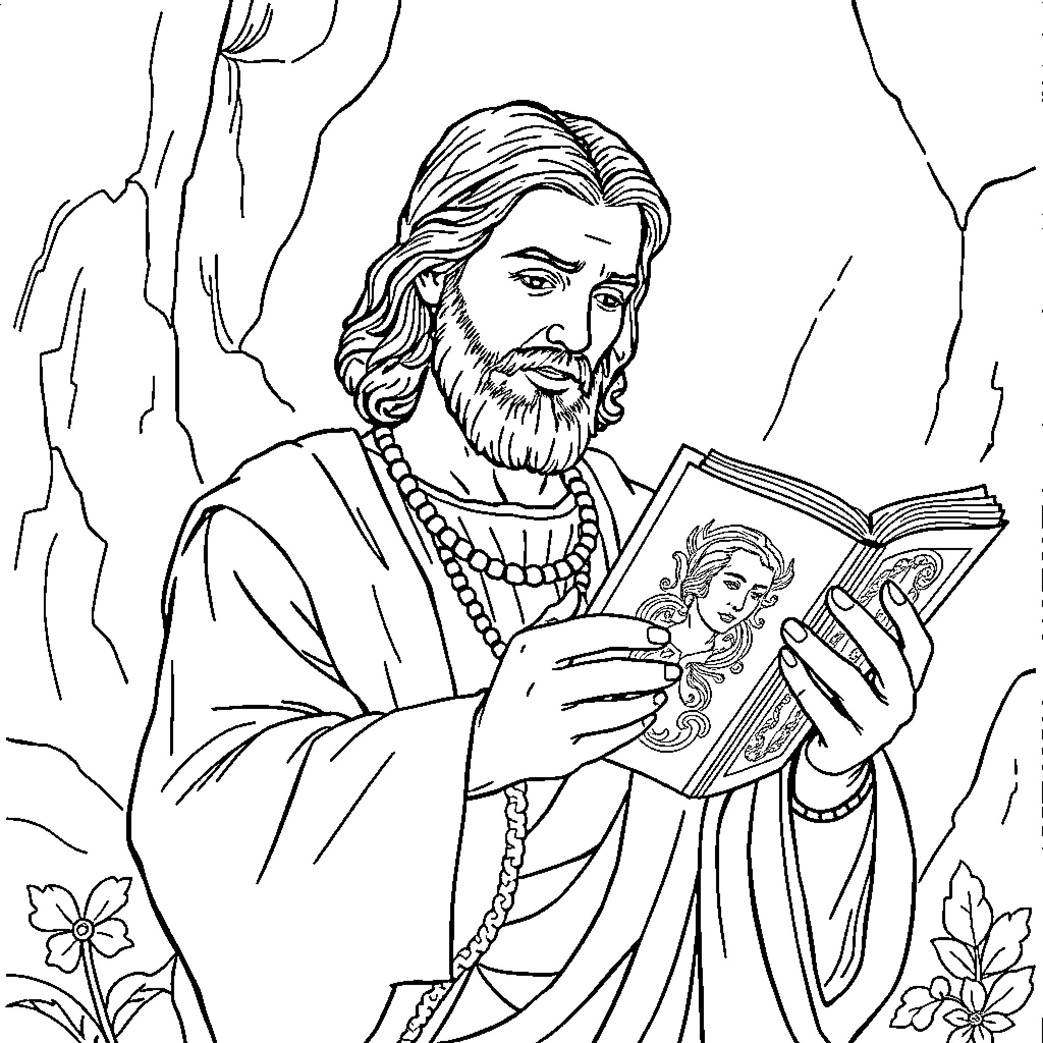 Joseph Smith Reading the Golden Plates Coloring Page (free black-and-white line drawing printable PDF for all, from beginners to advanced learners, including children, teens, adults, and seniors)