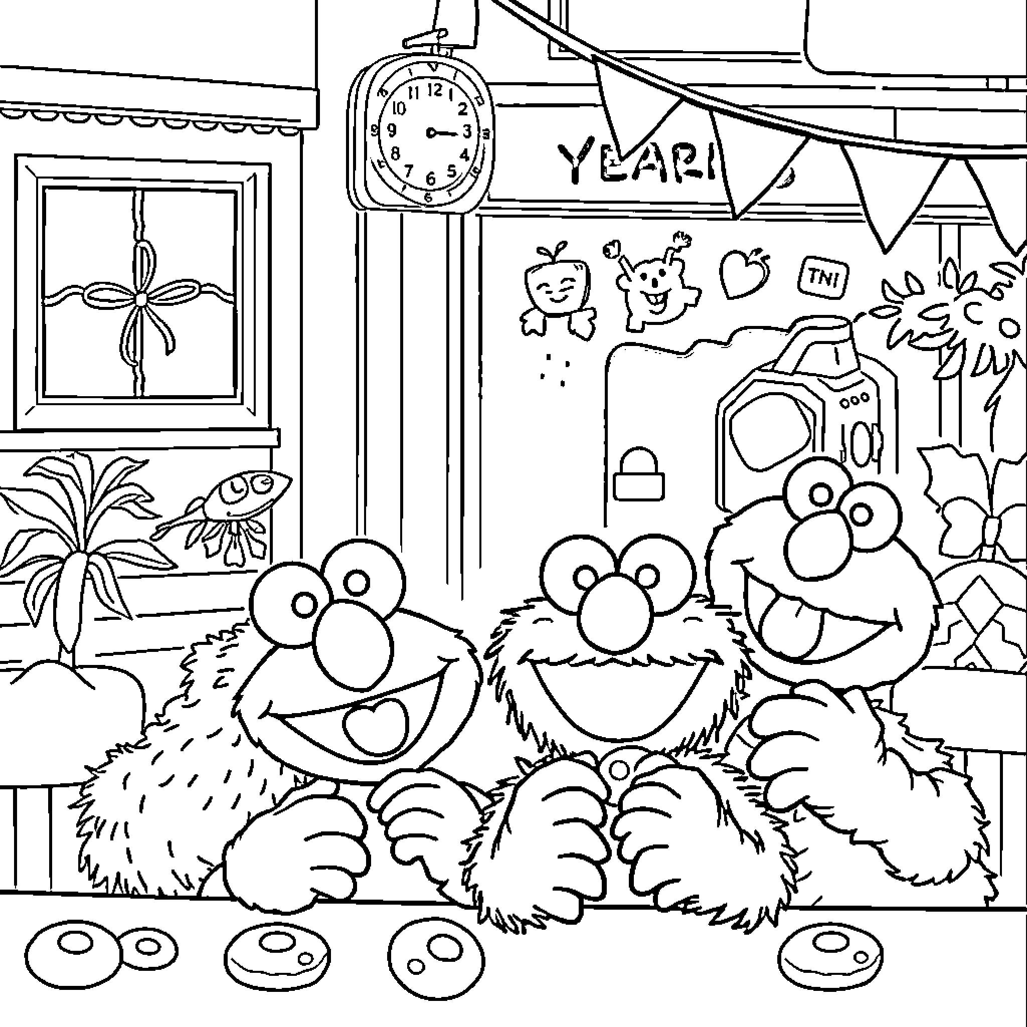 Sesame Street friends celebrate the New Year Coloring Page (free black-and-white line drawing printable PDF for all, from beginners to advanced learners, including children, teens, adults, and seniors)