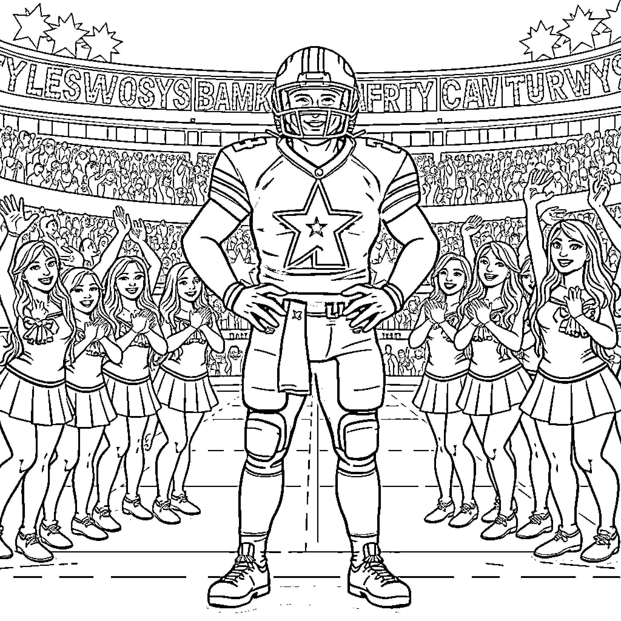 Football Player Celebrating Victory with Cheerleaders Coloring Page (free black-and-white line drawing printable PDF for all, from beginners to advanced learners, including children, teens, adults, and seniors)