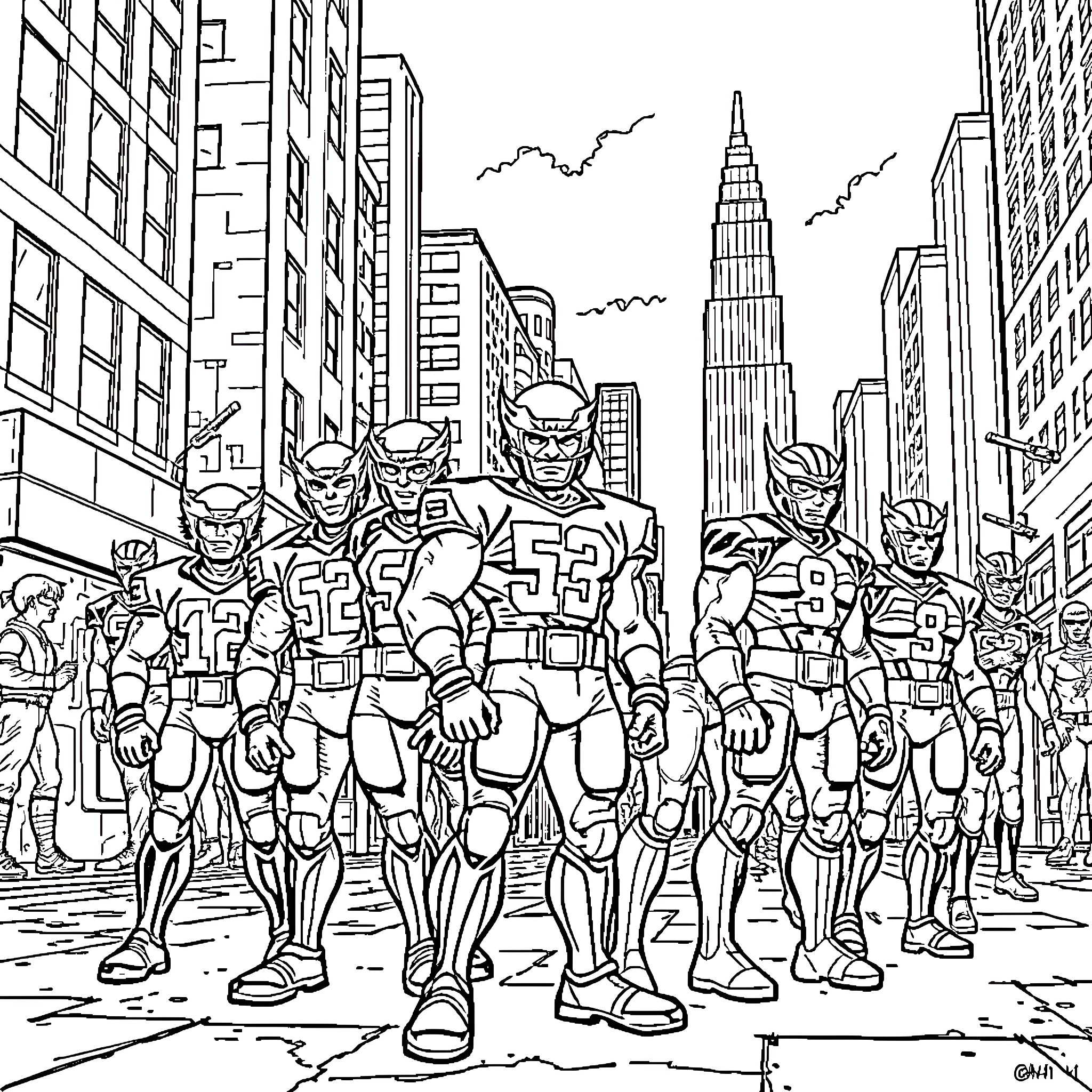 X-Men Superheroes in Action on City Streets Coloring Page (free black-and-white line drawing printable PDF for all, from beginners to advanced learners, including children, teens, adults, and seniors)